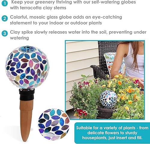 Miniatura 2 de Sunnydaze Globo de riego de plantas de vidrio de mosaico con espiga de arcilla, inserto decorativo de riego automático para plantas, gotero de agua