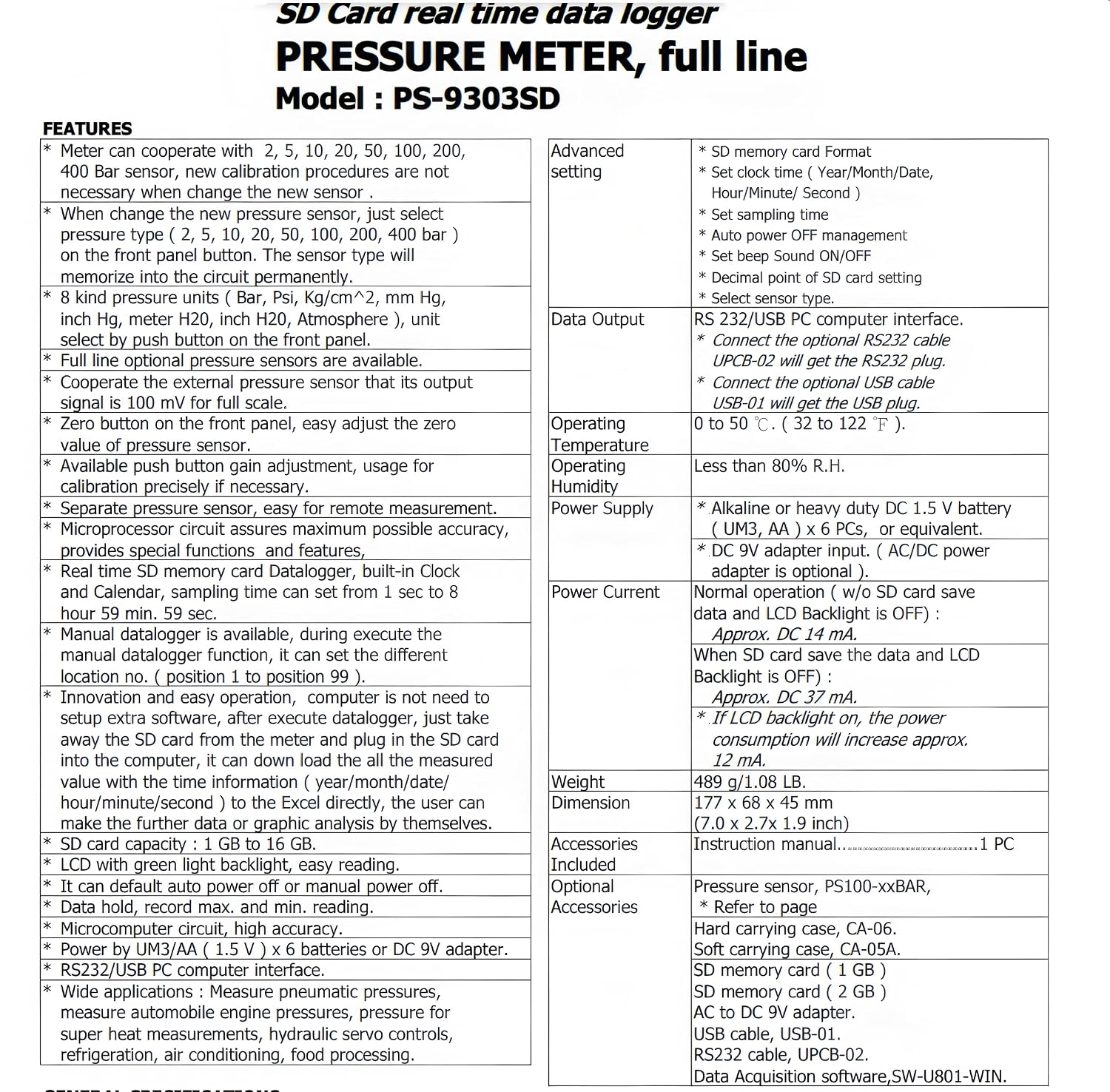 i-POOK Digital Pressure Gauge PS-9303SD High Accuracy ±0.5% Pressure Tester ranging from 2bar to 400bar RS232 zero adjustment recovery memory interface with data logging
