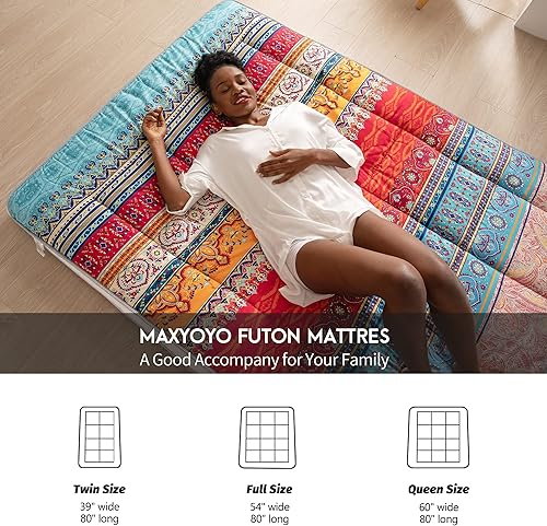 Miniatura 53 de MAXYOYO Colchón tipo futón con estampado floral, acolchado japonés, extra grueso, plegable, transpirable, tumbona para el suelo, cama de invitados