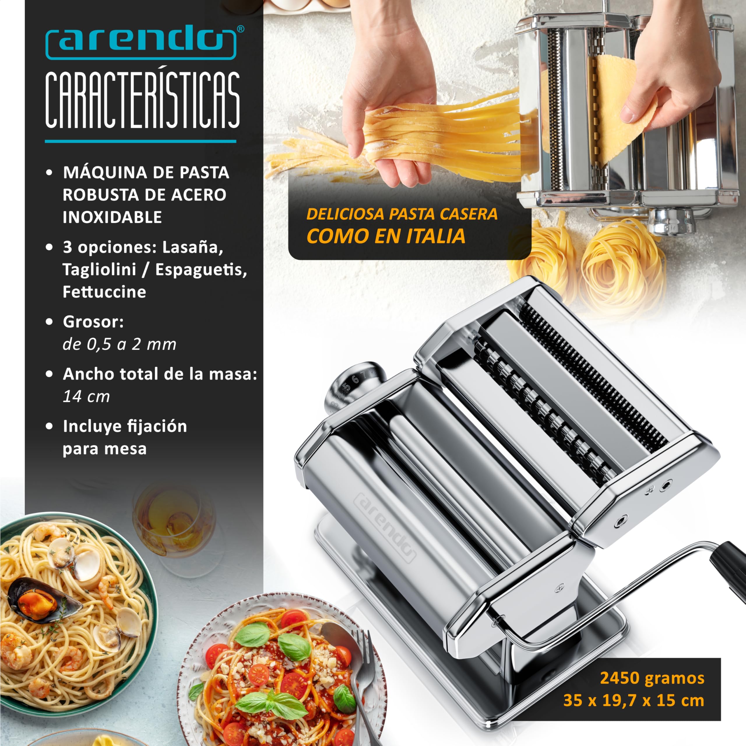 Maquina para pasta Fresca,Máquina para Pasta Manual con Accesorio Intercambiable, Máquina para pasta, Maquina Para Hacer Pasta, 7 Ajustes de espesor ajustables, 2 máquinas de corte, Prensa de Pasta