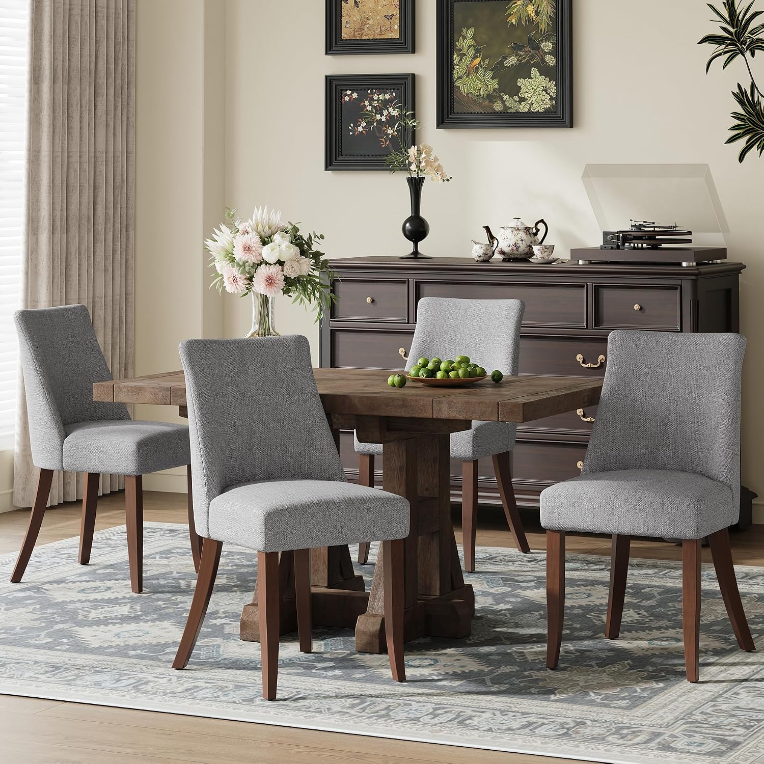 COLAMY Upholstered Dining Chairs Set of 4, Mid Century Modern Kitchen Chairs with Back, Farmhouse Fabric Side Dining Room Chairs with Wood Legs for Dining Room Restaurant, Light Grey