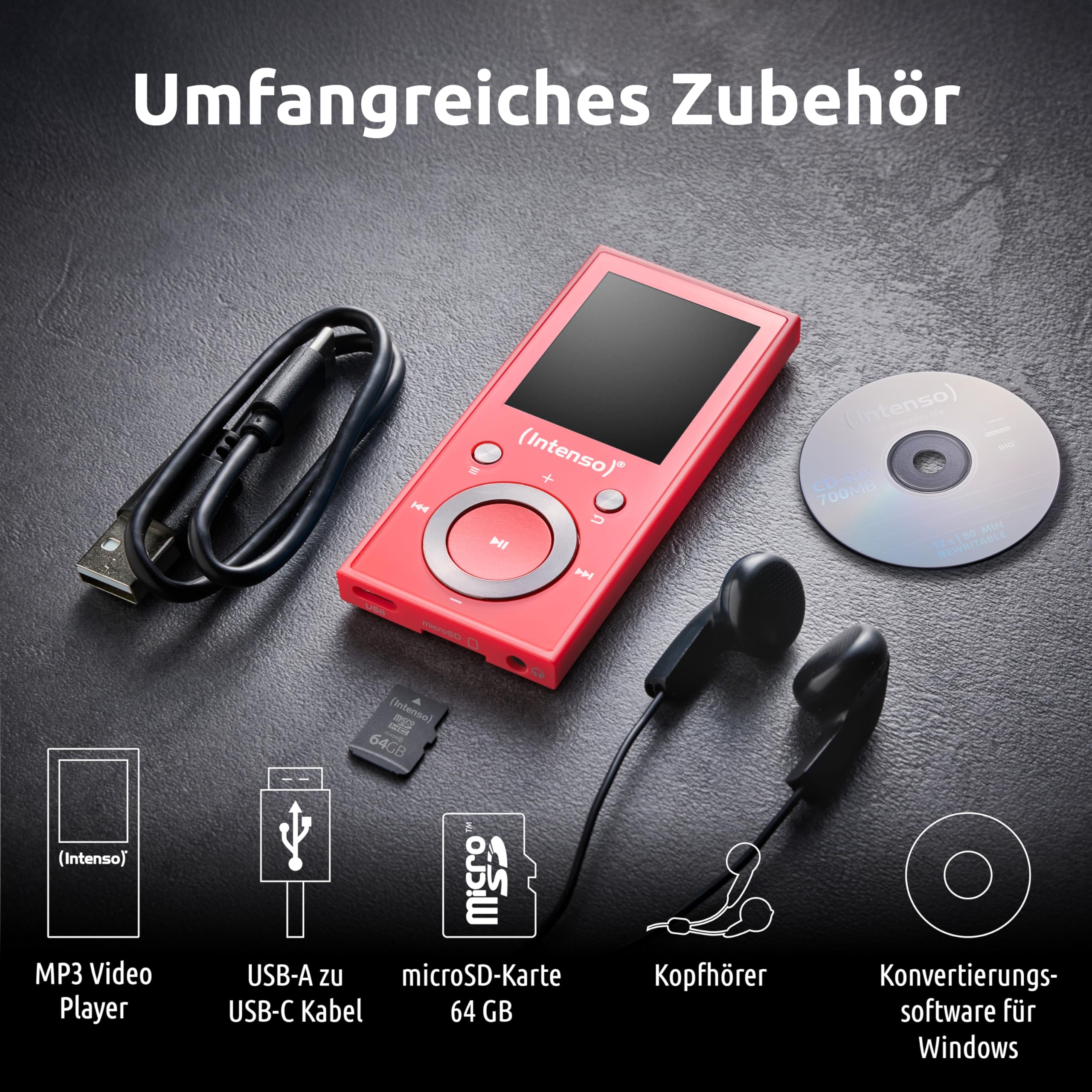 Intenso Video Scooter BT odtwarzacz MP3 z Bluetooth 5.0, kolorowy wyświetlacz 1,8", 64 GB microSD, USB-C, akumulator do 18 h, w zestawie słuchawki, różowy