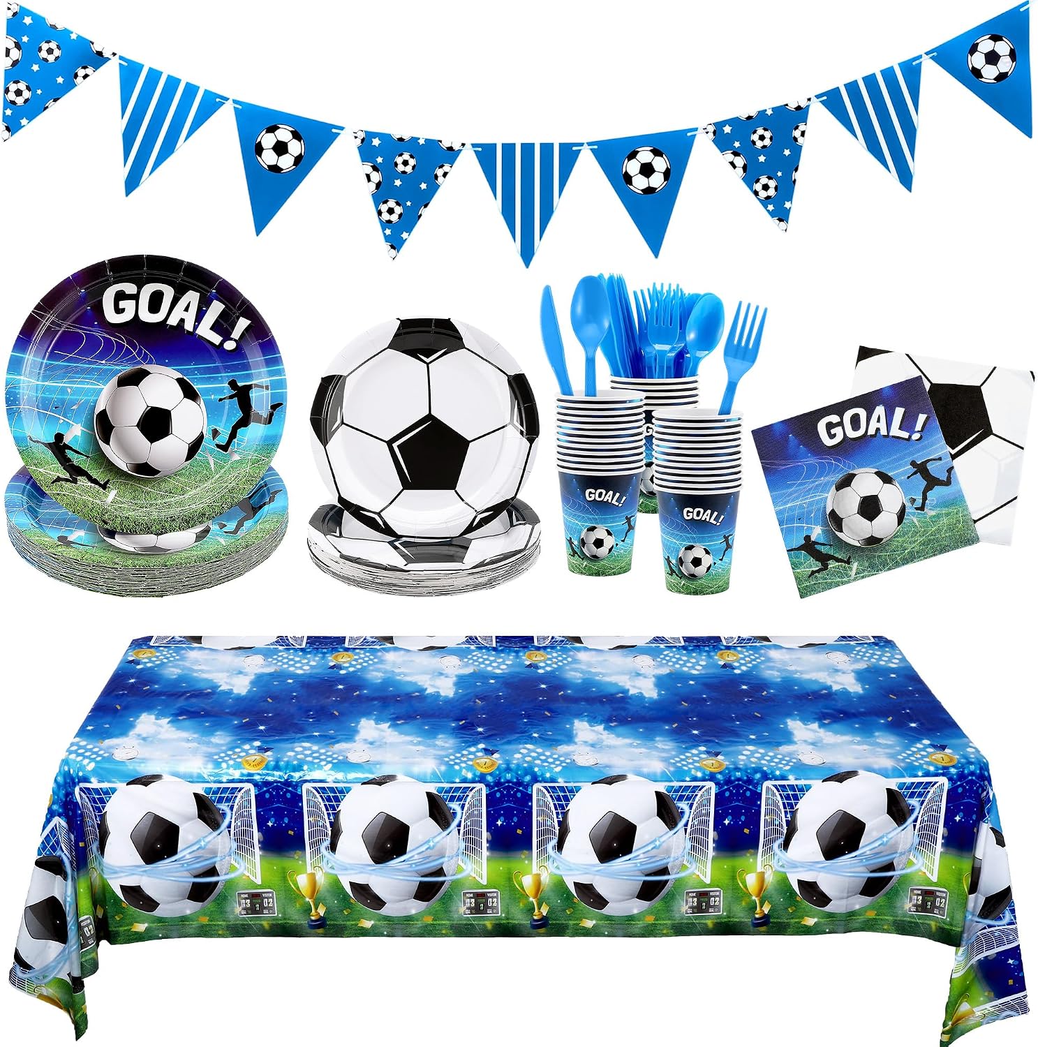 Kochorie 170 Pieces Soccer Birthday Party Decorations Soccer Paper Plates Napkins Cups Cutlery Tablecloth Triangle Flags Banner for Sports Themed Birthday Party Supplies, Serve 24 Guests