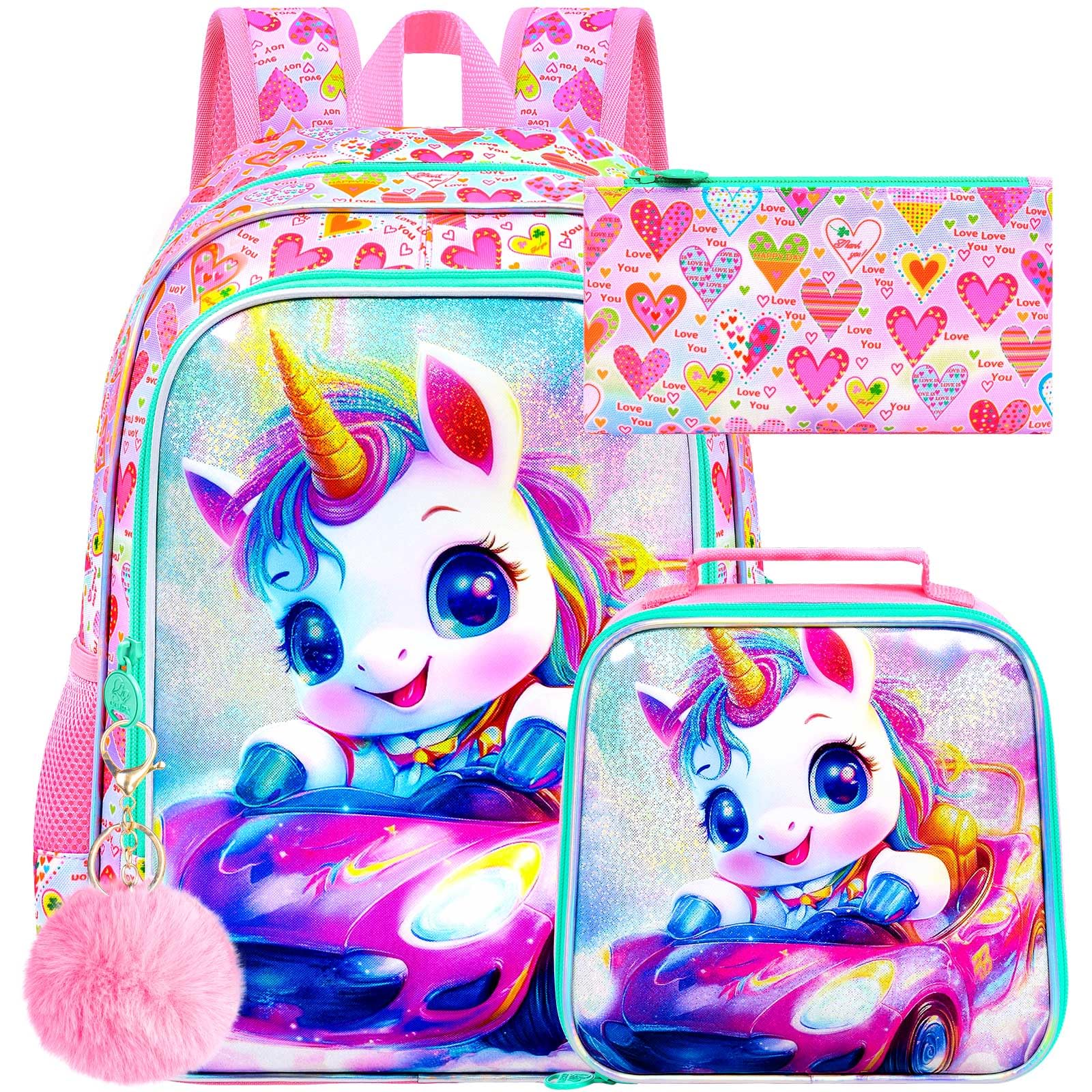 HPJGD 3PCS Girls Unicorn Bookbag Set, Kids Sports Car Backpack Set for Girls with Lunch Box, Cute Water Resistant Elementary School Bag for Preschool Toddler - Pink Unicorn Sports Car