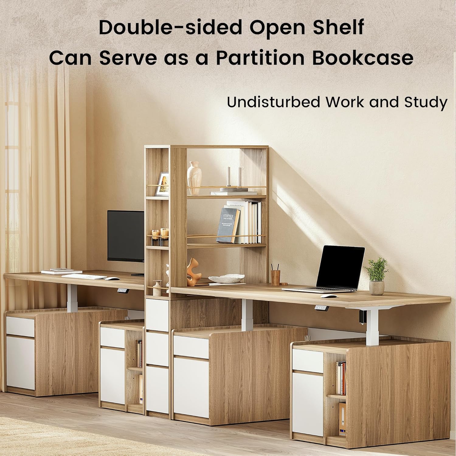 Furniture Set, 70.8'' Executive Standing Desk with 71'' Tall Bookcase, AC/USB, File Cabinet, Double-Sided Narrow Display Shelves, Home Office Wood Storage Furniture, Light Walnut