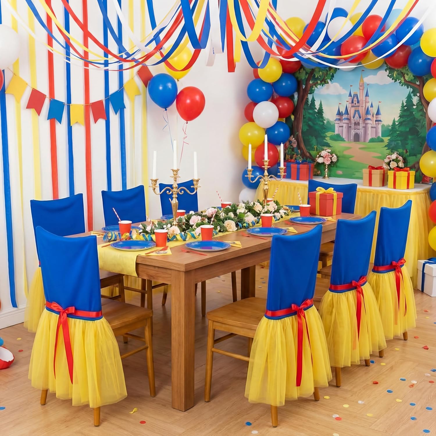Frienda 4 Pack Princess Snow Party Chair Covers Blue Milk Silk Elastic Chair Slip Covers with Yellow Lace Hem for Princess Theme Birthday Wedding Party Decor Supplies