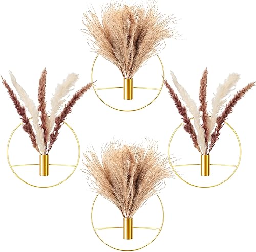 Bokon 4 macetas colgantes redondas en forma de diamante dorado con plantas artificiales, soporte decorativo de metal para plantas de pared, jarrón