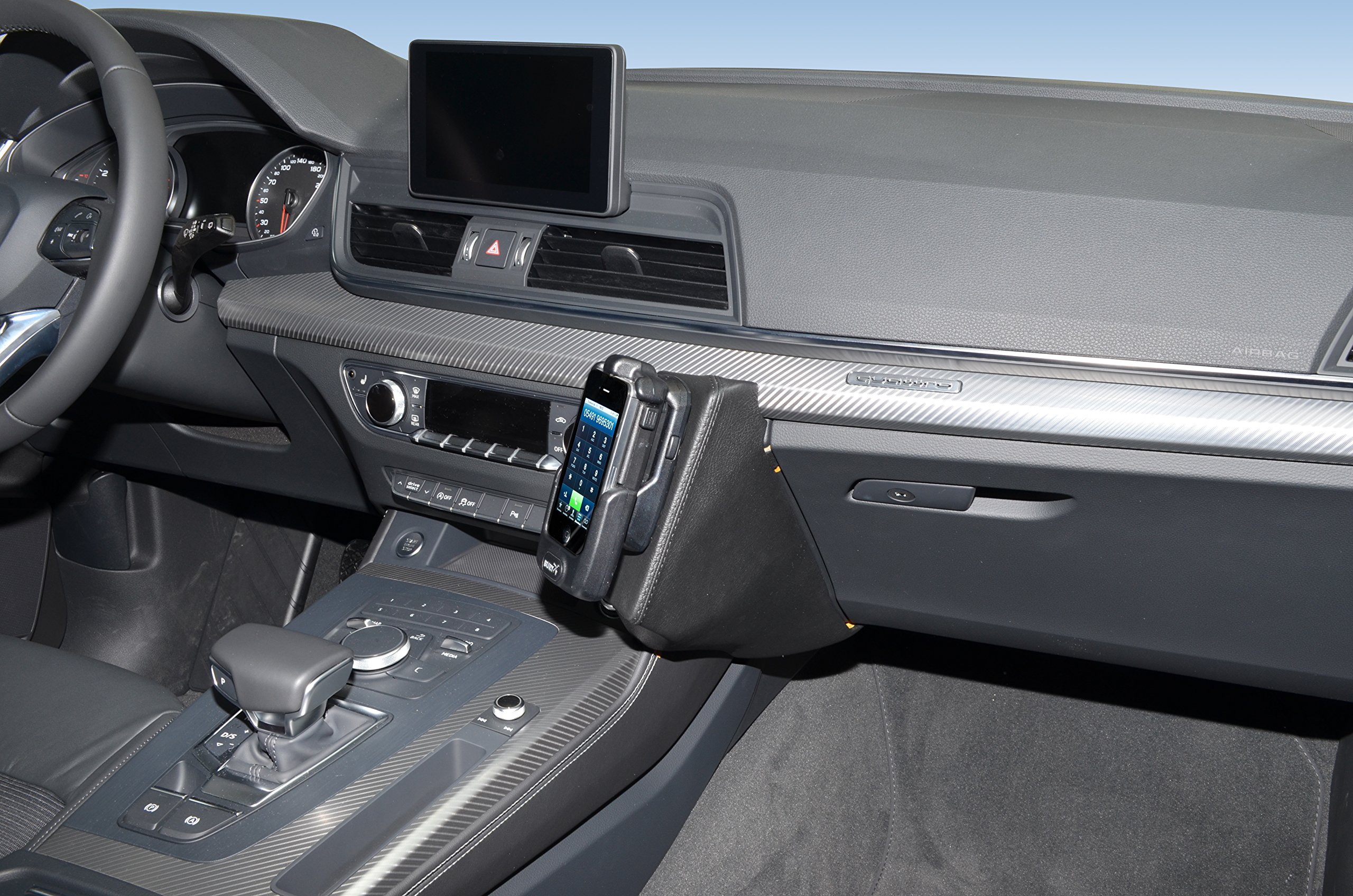KUDA Handyhalterung passend für Audi Q5 ab 2016 - Telefonkonsole für Smartphones, Handys, Navi und mehr – Kunstlederkonsole, schwarz, 2655