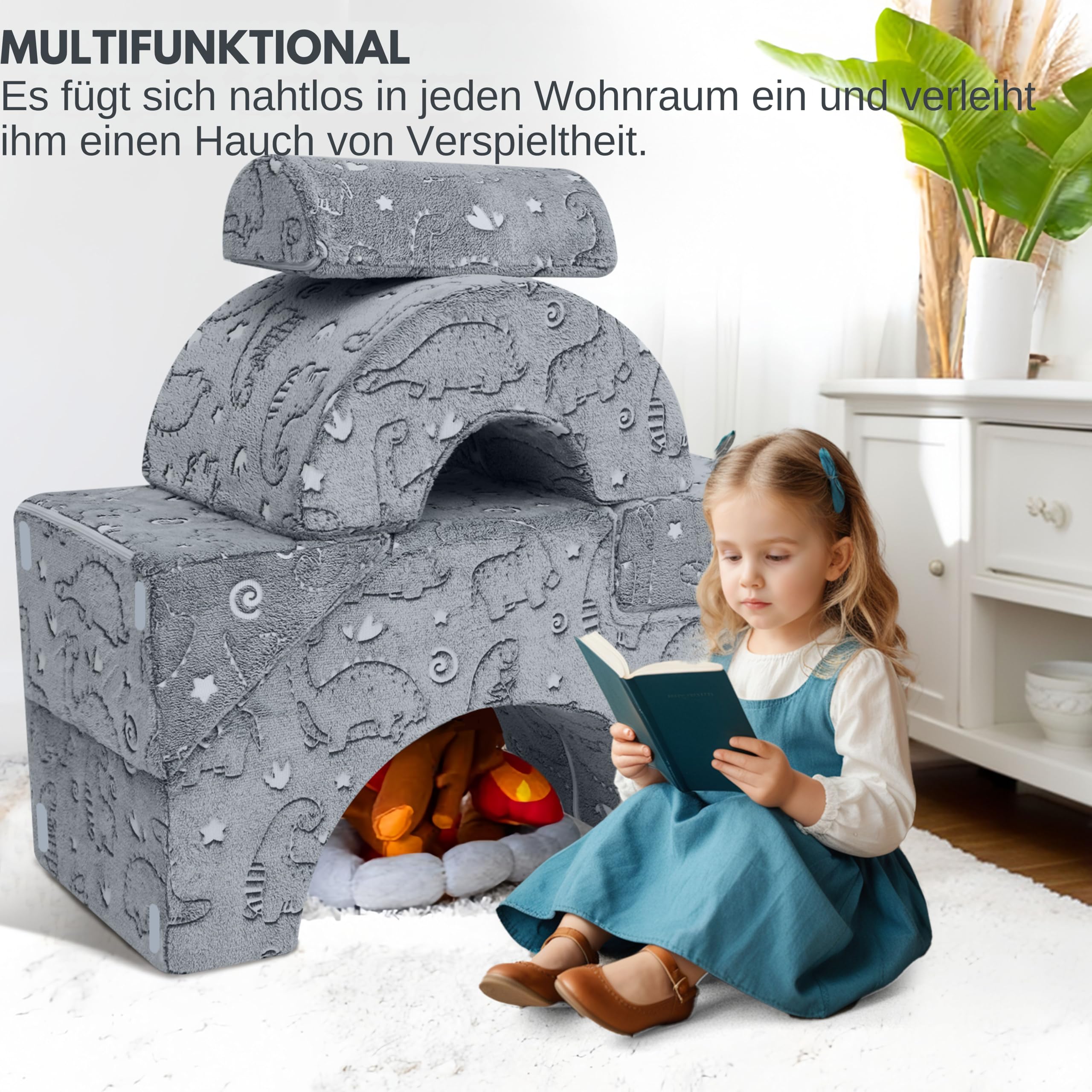 MeMoreCool Nachtleuchtend Klettersofa Grauer Dinosaurier, Modulares Kindersofa mit Rutsche und Treppe, Spielsofa aus Schaumstoff zum Klettern und Krabbeln, Leuchtende Dino-Muster Fuer Jungen