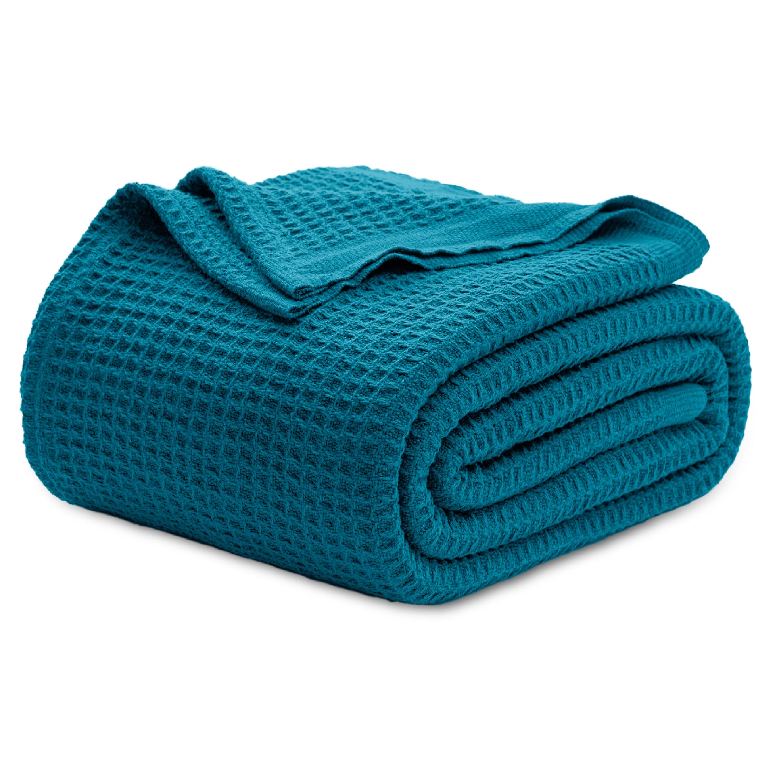 Bedsure 100% Cotton Blankets Queen Size for Bed - 405GSM Waffle Weave Blankets for Summer, Cozy and Soft Woven Blankets, Lightweight Fall Blankets, Teal, 90x90 Inches