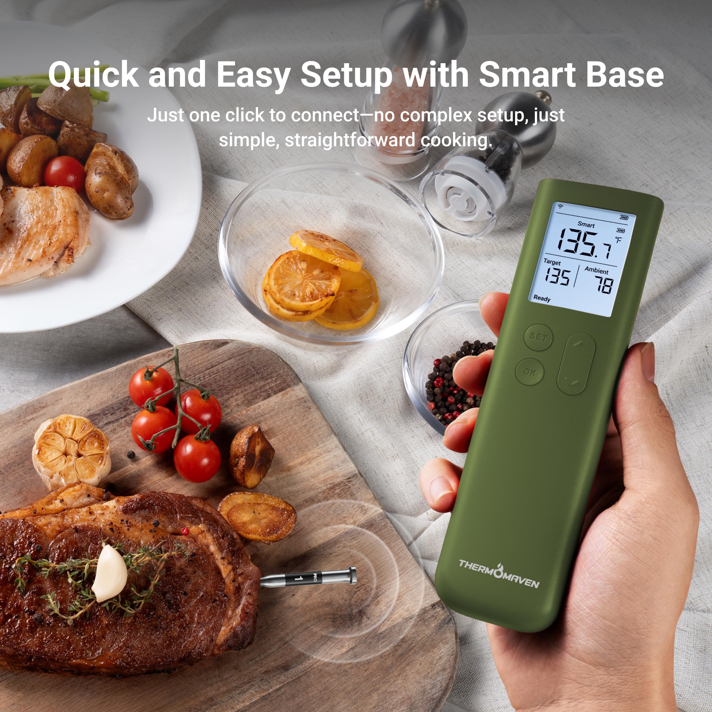 ThermoMaven Smart Bluetooth Termómetro Inalámbrico para Carne Sub-1G Estabilidad de Señal Base, Exactitud Certificada ± 0,3 °C, Alcance Wifi para Barbacoa, Horno, Ahumador, Barbacoa, Verde Aguacate