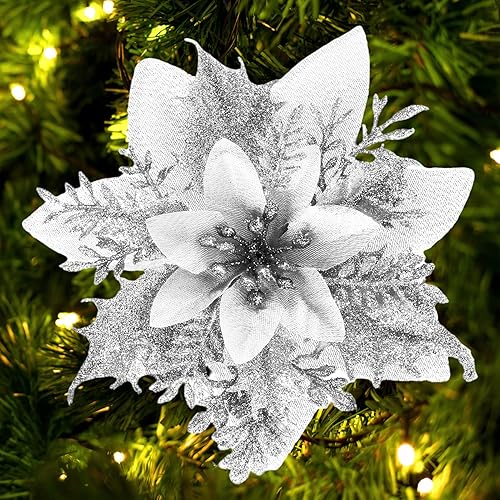 Miniatura 21 de Decoraciones de flores artificiales de Pascua de Navidad, flores de Navidad con brillantina, guirnaldas de árboles de Navidad, adornos para fiestas