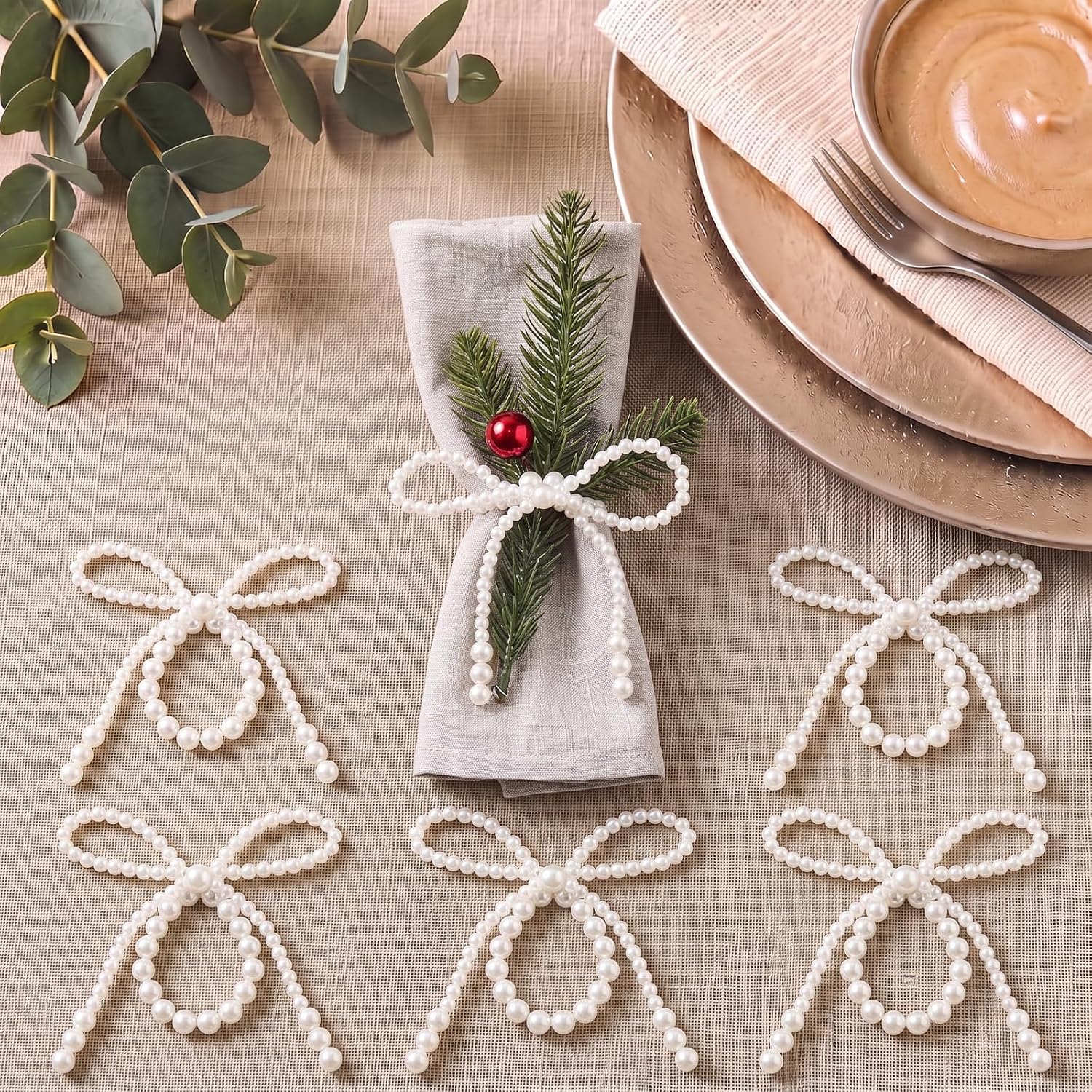 LemonRoad 6 Pcs Pearl Bow Napkin Rings Christmas Beaded Napkin Holder Decor