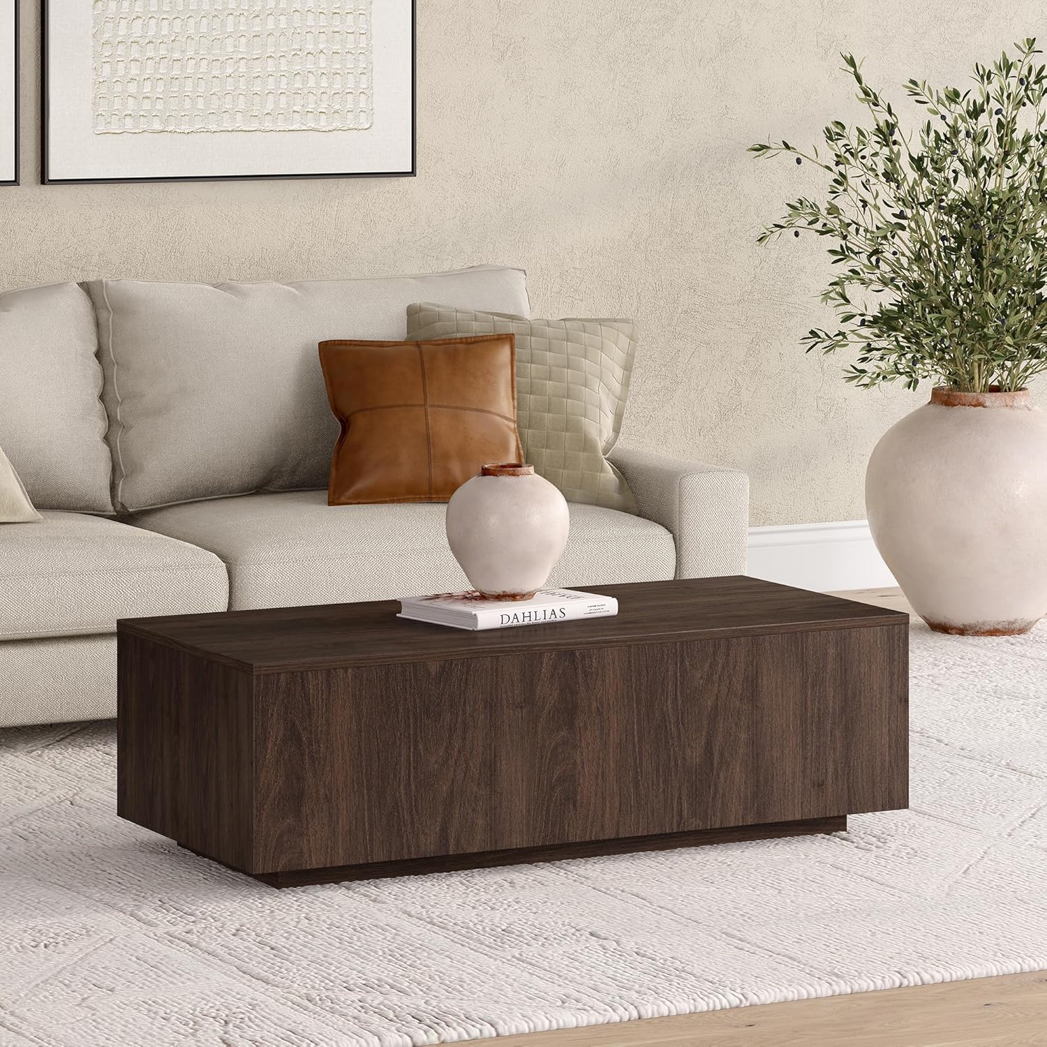 Henn&Hart 48" Rectangular Low-Profile Wood Coffee Table for Living Room, Family Room, or Office, Warm Brown