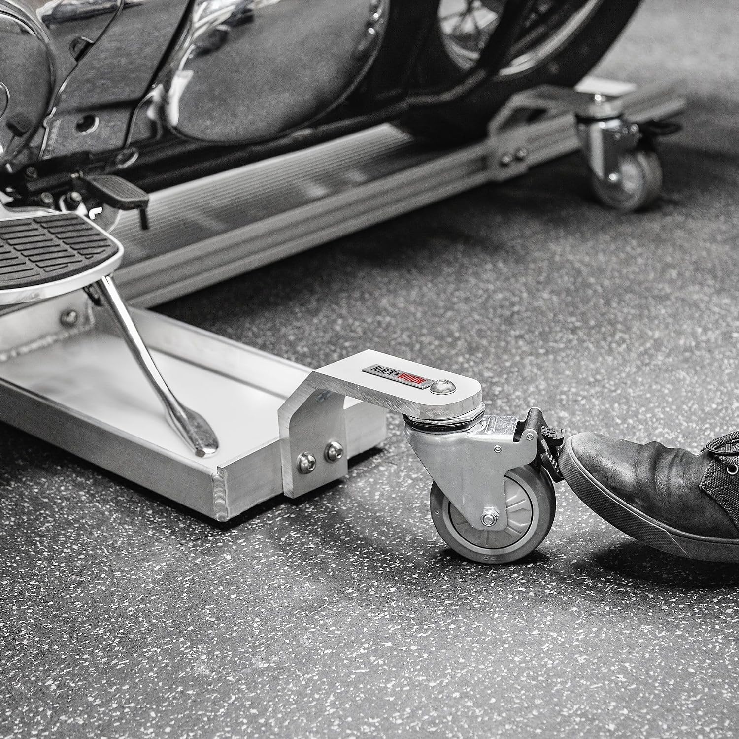 Black Widow Pro Motorcycle Dolly Strong Lightweight Aluminum 1,500 lb. Weight Capacity Fully Adjustable Kickstand Plate Locking Casters