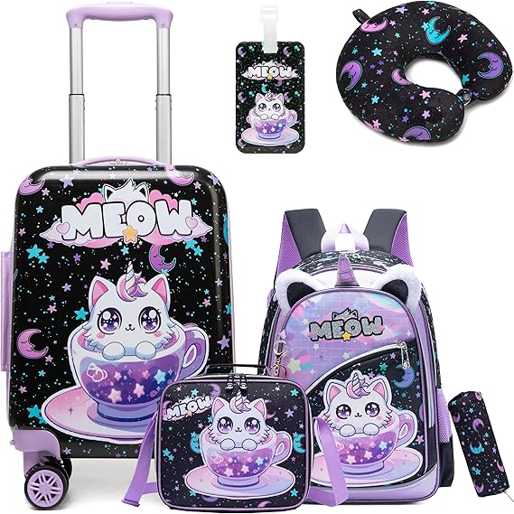 FANTASK 5 TLG Kinderkoffer, Kindergepäck mit Rucksack & Lunchbox, Gepäckanhänger & Nackenkissen, Kindertrolley mit Rollen, Handgepäck Reisekoffer Hartschalenkoffer für Kinder ab 6 Jahr (Blau
