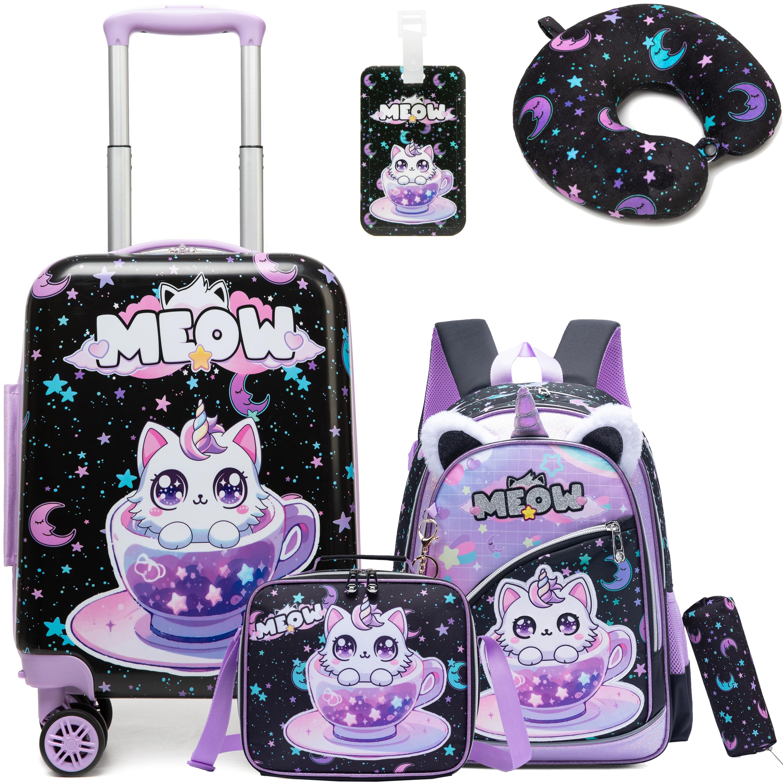 5tlg Kinderkoffer Set mit Rucksack, Kinder Reisekoffer mit Rucksack, Reisetasche für Kinder, Nackenkissen & Kofferanhänger, Reisetrolley mit Rollen für kinder Hartschalenkoffer für Jungen und Mädchen
