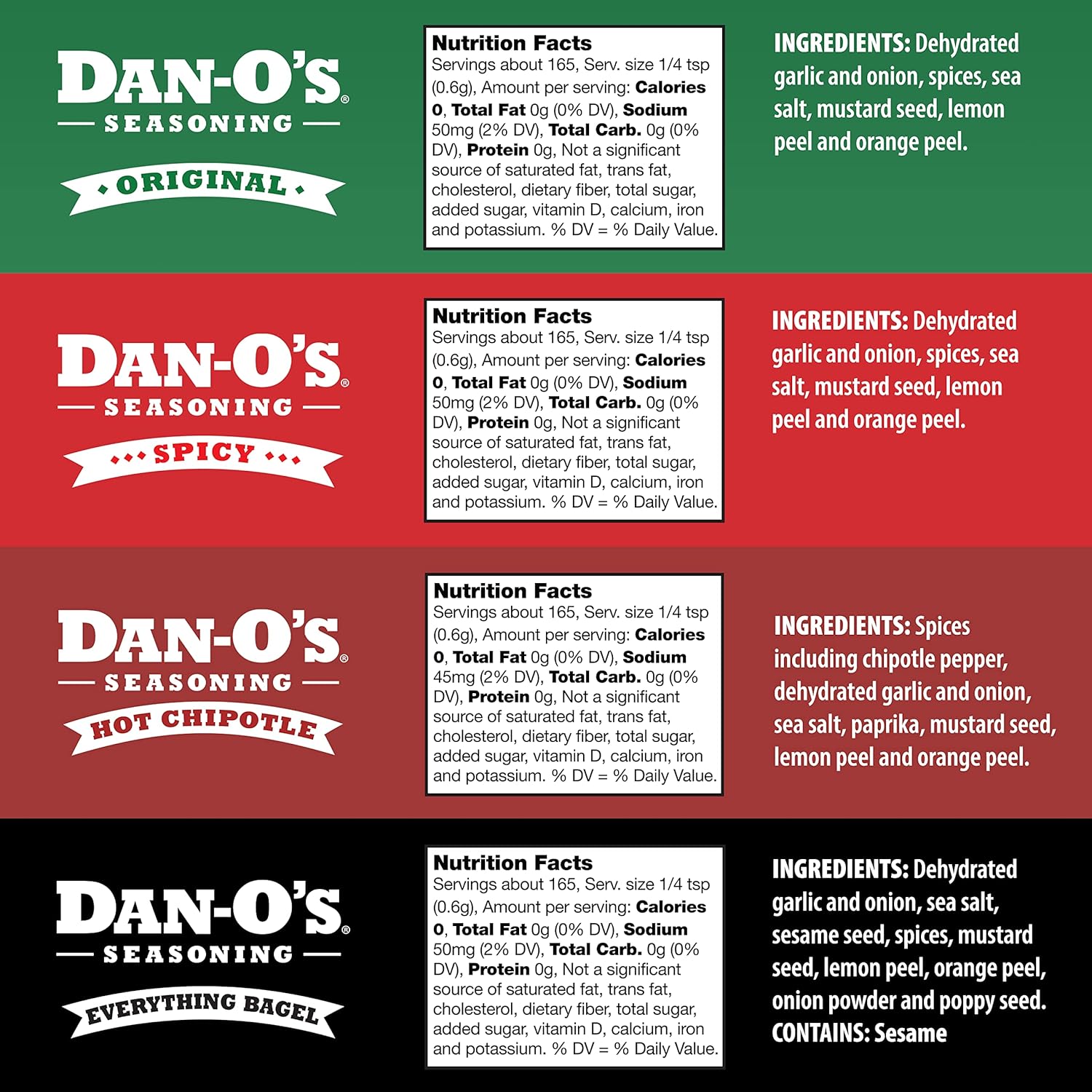 Dan-O's Seasoning Small 4 Bottle Combo | Original, Chipotle, Spicy, & Crunchy | 4 Pack (3.5 oz)