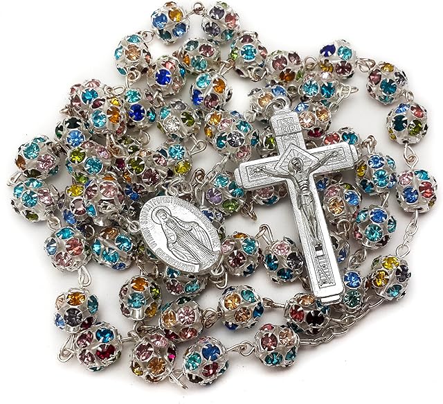 Nazareth Store Colorful Crystal Beads Rosary Catholic Necklace Miraculous Medal Multicolor - Velvet Bag