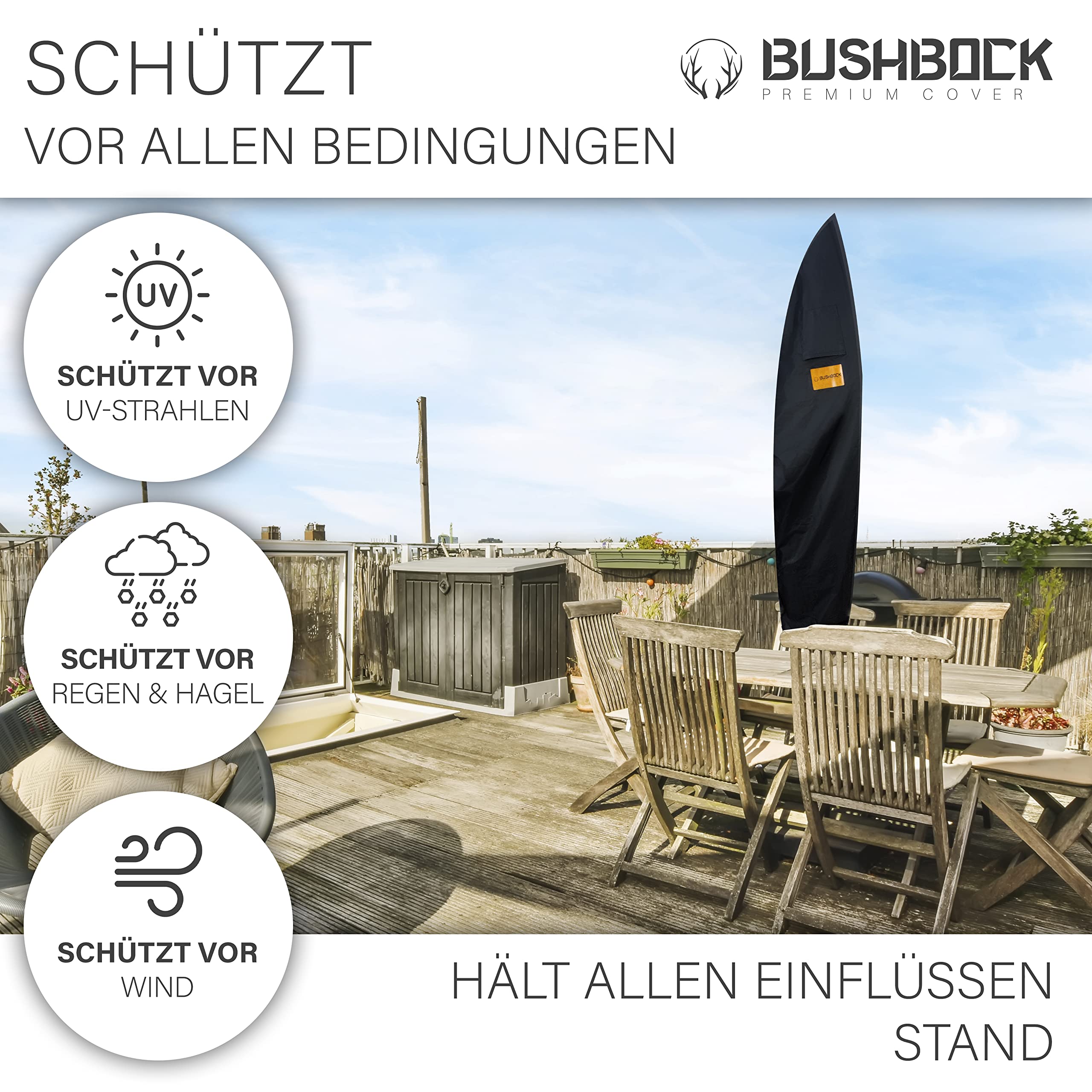 BUSHBOCK® Premium pokrowiec na parasol przeciwsłoneczny/wiszący – do ok. 400 cm Ø – najlepsza tkanina 600D – ultra wytrzymały z otworami wentylacyjnymi i specjalną powłoką (265 x 40 / 70 / 50 cm)