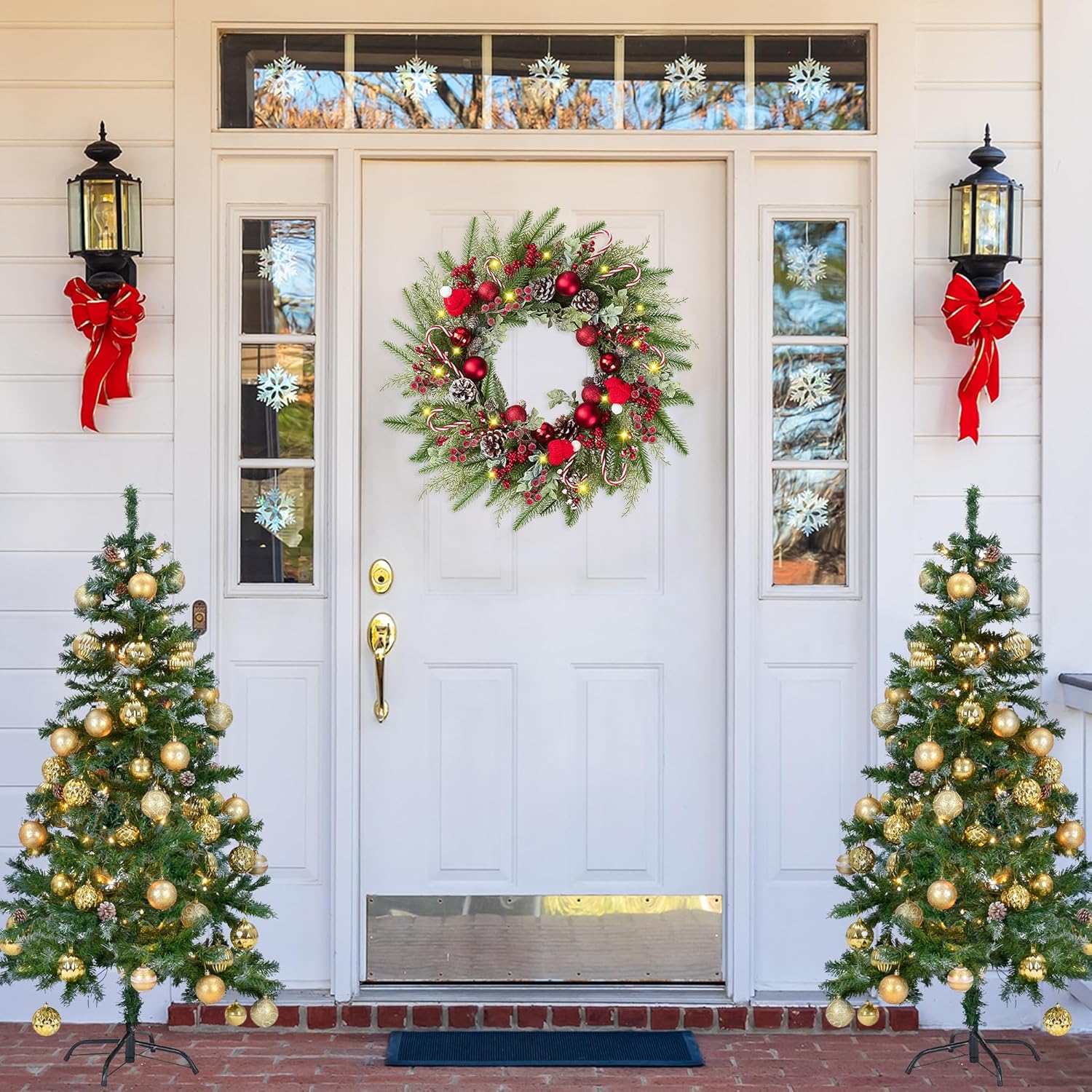 22’’ Artificial Christmas Wreath for Front Door with Red Balls Candy Canes Pine Needles Red Berries Pine Cones Christmas Decorations for Winter Wall Outdoor Home Holiday Xmas Decor - Image 2