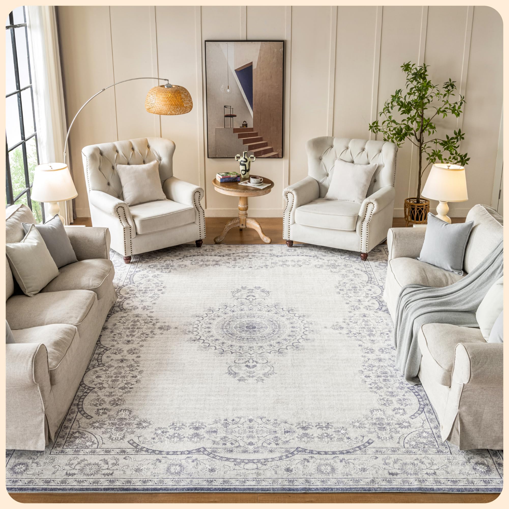 Istana Boho Area Rug - Grey/White Cream Carpet - Foldable 9x12 Washable Rug - Stain Resistant Rubber Backed Area Rugs -Large Area Rugs for Living Room 9x12  Easy to Clean Gray Living Room Rug