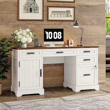 Alohappy 55 Farmhouse Executive Desk with File Cabinet, Home Office Wood Computer Desk with Drawers and Power Outlets, White