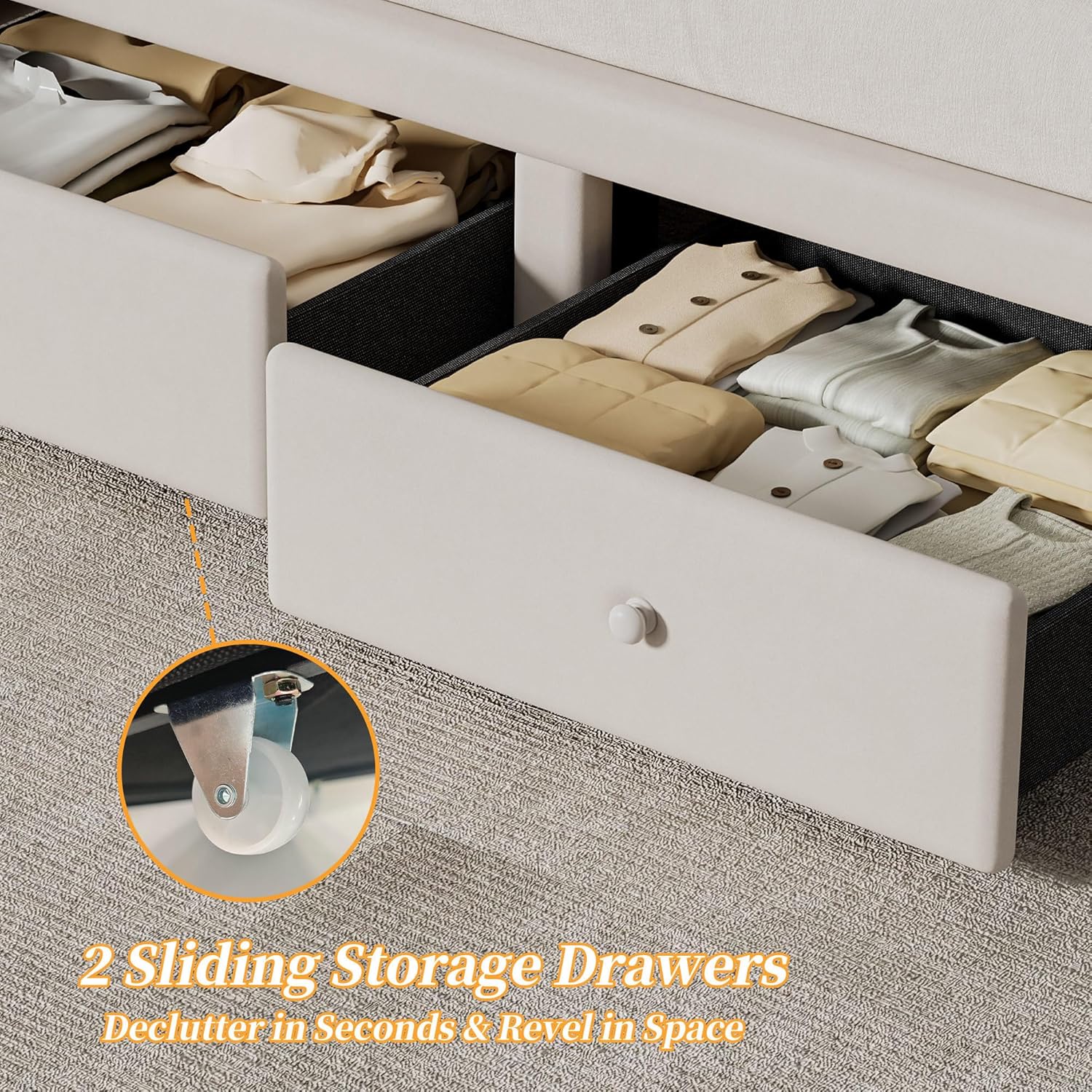 Velvet LED Queen Size Bed Frame with 2 Storage Drawers & Double Wavy Headboard, Velvet Princes Platform Bed with Solid Wood Slats Support, No Box Spring Needed, Beige