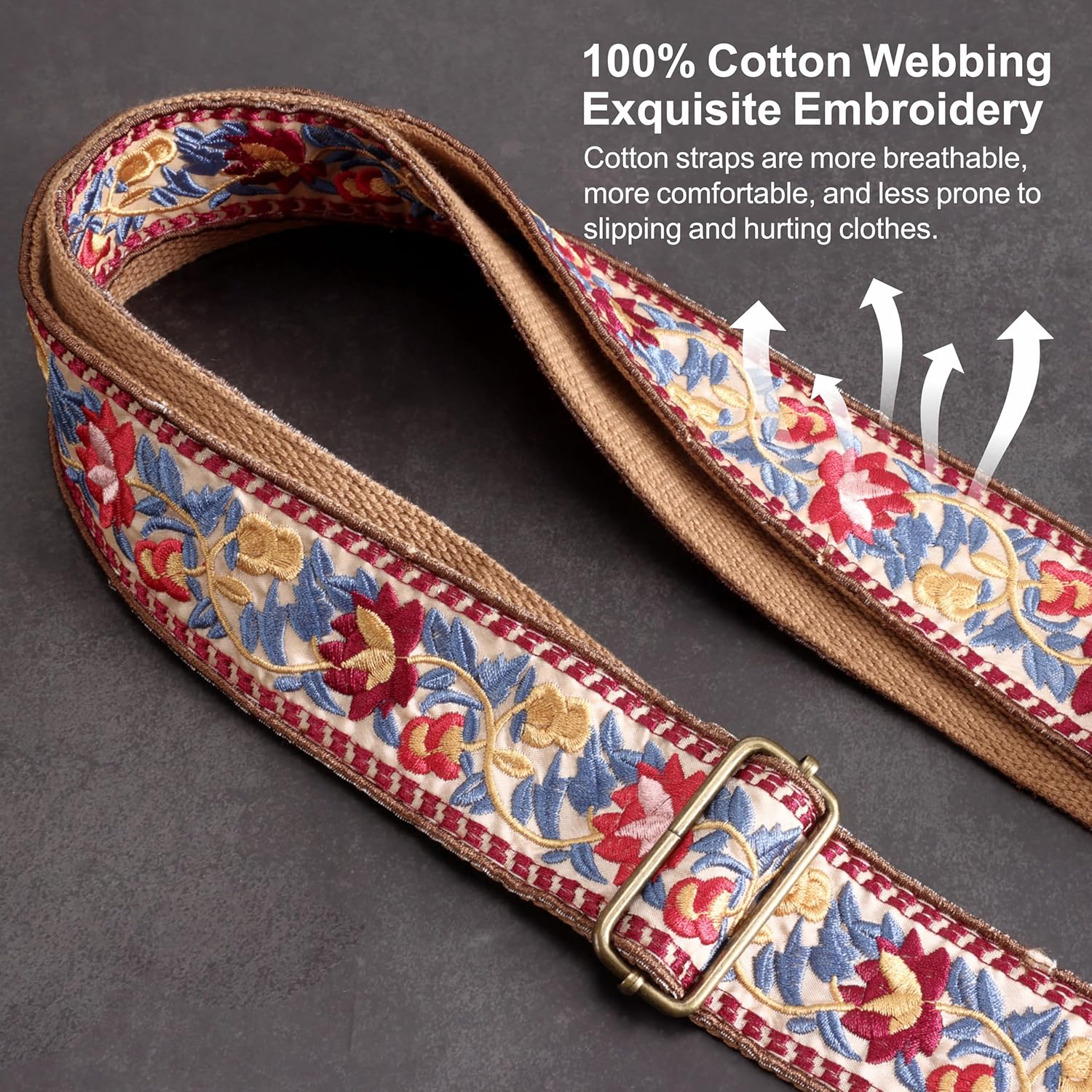Nefelibata Guitar Strap,Jacquard Embroidery Cotton Guitar Straps with Crazy Horse Leather Ends for Bass, Electric & Acoustic, Best Gifts for Guitarists(Elegant Red Flower Embroidery)