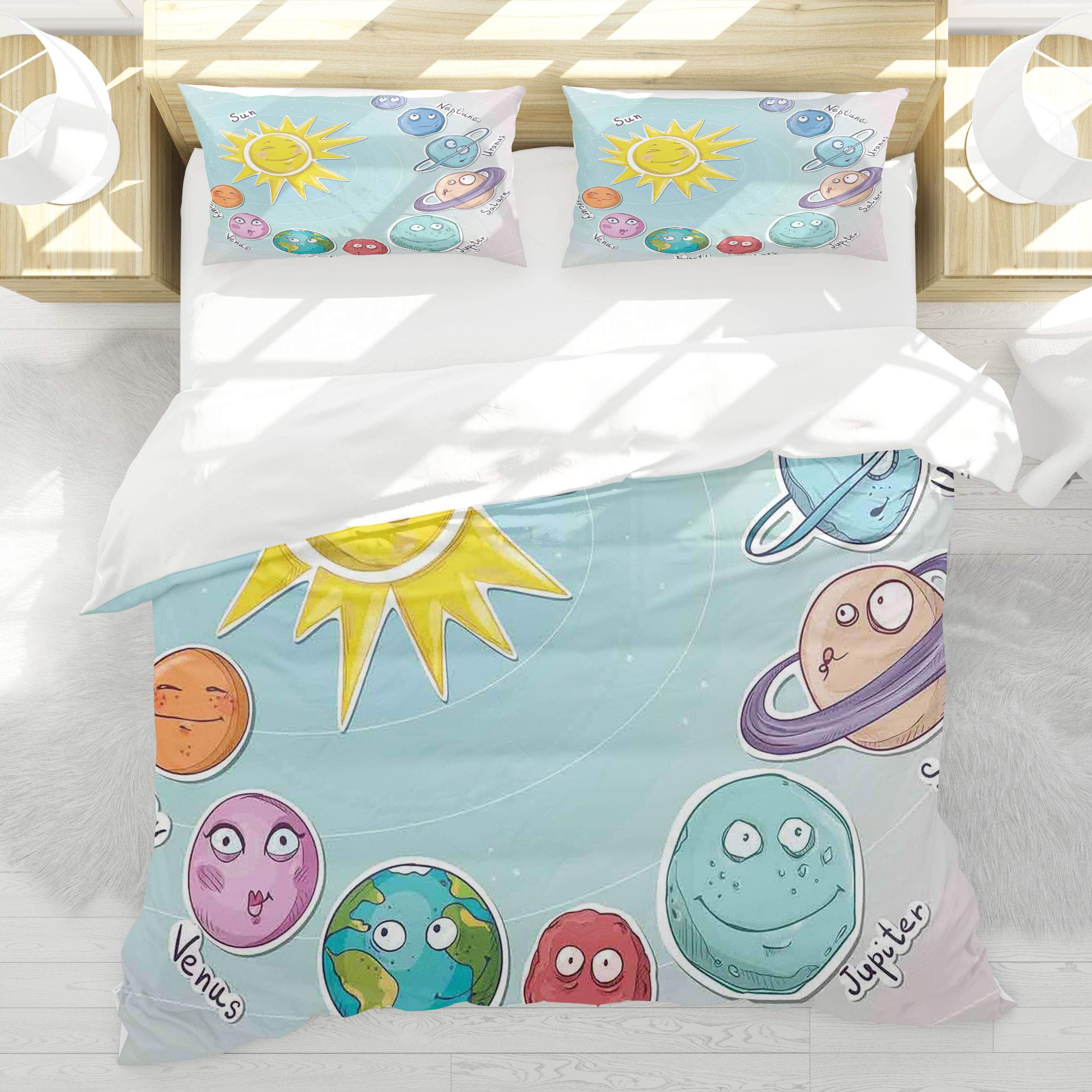 Housse de couette soleil et planètes amusantes 220x240cm parure de lit céleste