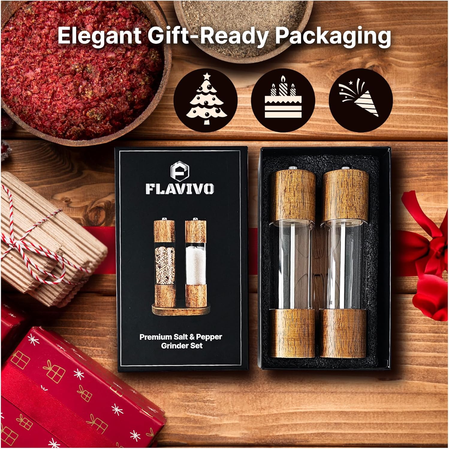 Wooden Salt and Pepper Grinder Set, Manual Premium Acrylic Salt and pepper Mills with Adjustable Ceramic Core and Wooden Stand, 8-Inch Refillable Giftable Shakers (2 Pieces with Tray)