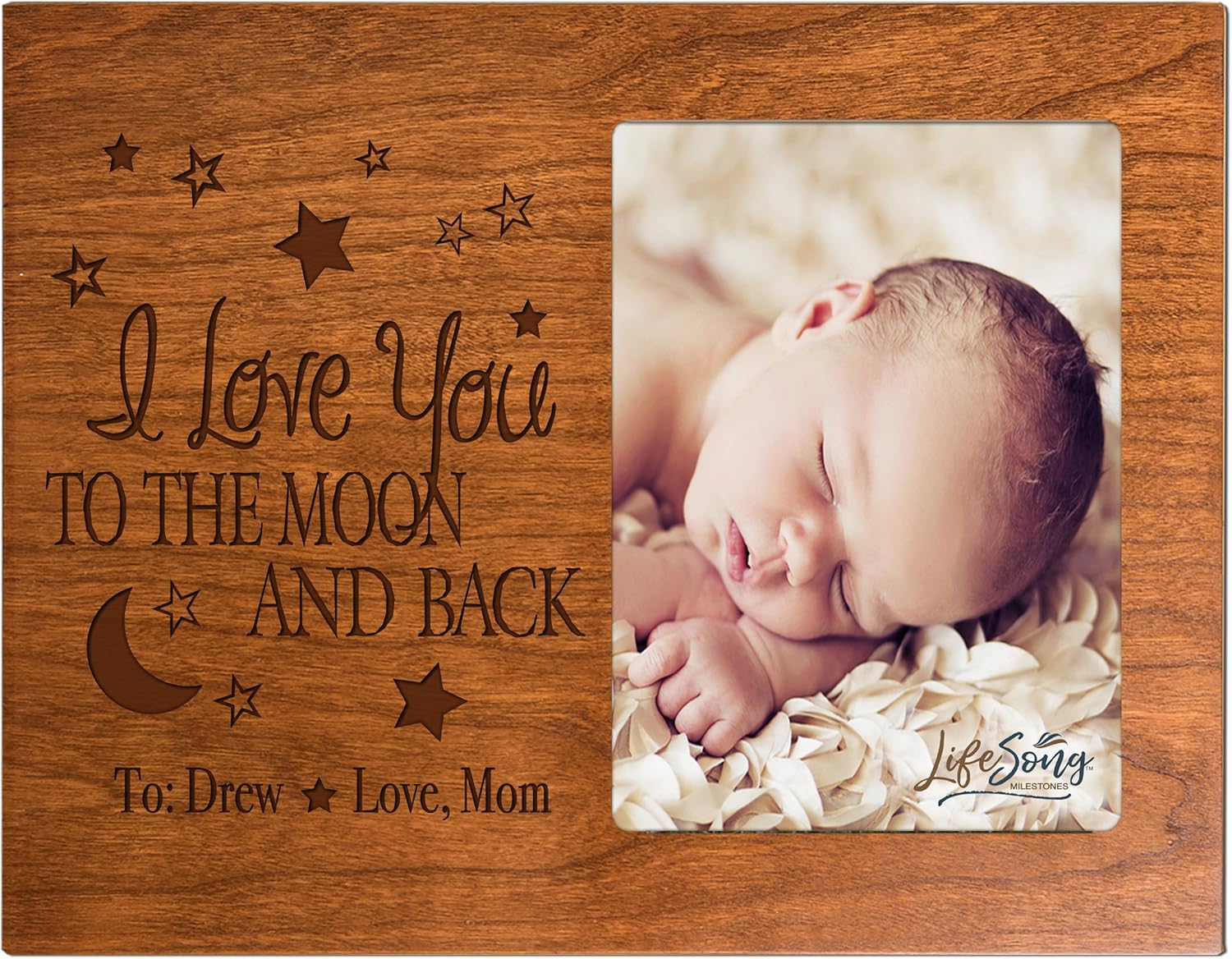 LifeSong Milestones Personalized Baby or Valentine’s Day Photo Frame Gift Custom Engraved Ideas for Couple I Love You to The Moon and Back Frame Holds 4 x 6 Picture (Pink)