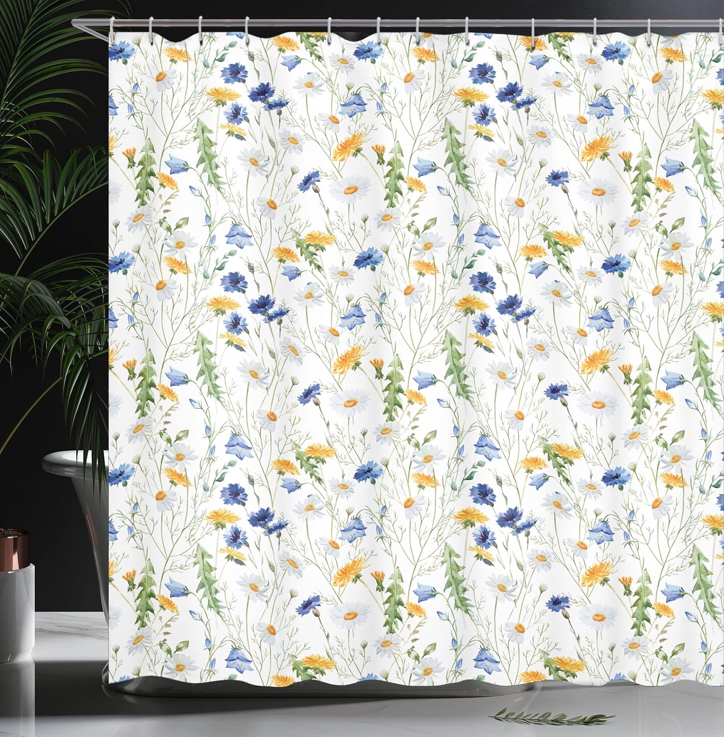 Ambesonne Flower Shower Curtain, Wild Flowers Poppies and Daisies Rural Nature Scenery in Meadows Rustic, Cloth Fabric Bathroom Decor Set with Hooks, 69" W x 84" L, Pale Green Yellow Blue