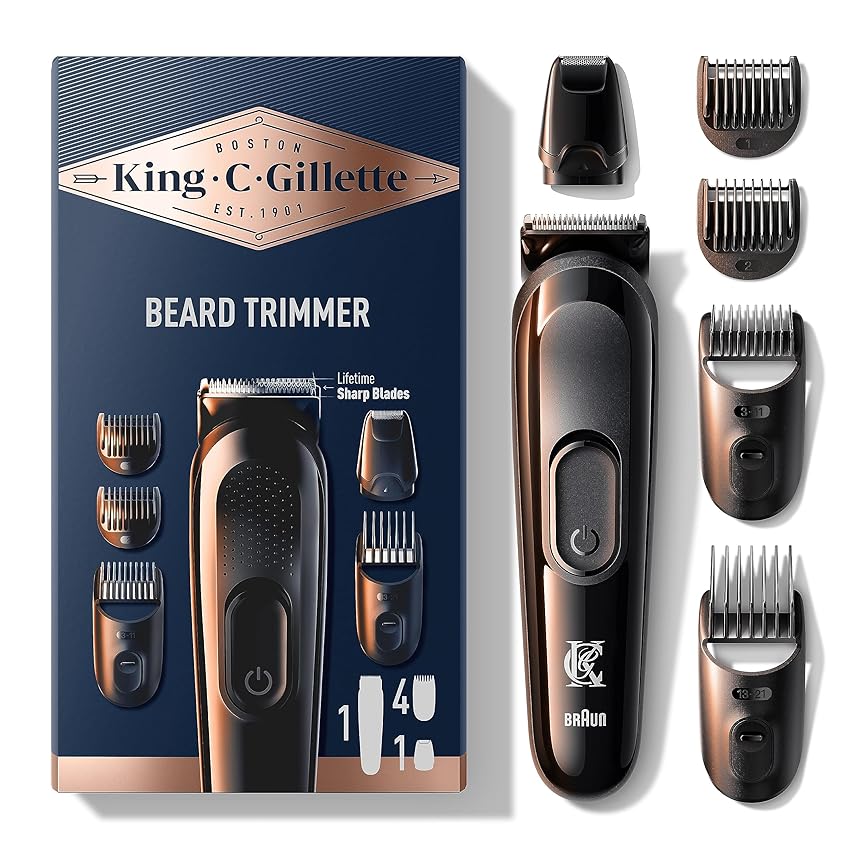 Immagine del prodotto King C. Gillette REGOLABARBA UOMO, Senza Fili, Lame RASOIO Lunga Durata RASOIO ELETTRICO BARBA Con Testina Lavabile, 4 Pettini Regolatori, Idea Regalo Uomo