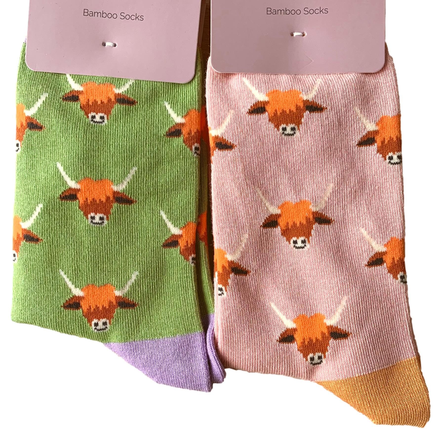 Purple Possum® Highland Cow Socks Hairy Coo Cows Cattle 2 Pair Pack Ladies Hot Pink Green Coos