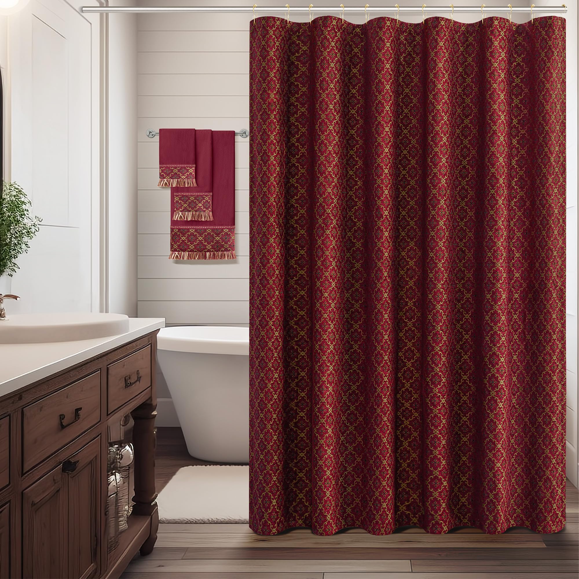 Amazon.com: Loom and Mill Textured Fabric Shower Curtain Set with 12 Metal Hooks, Red Damask ...