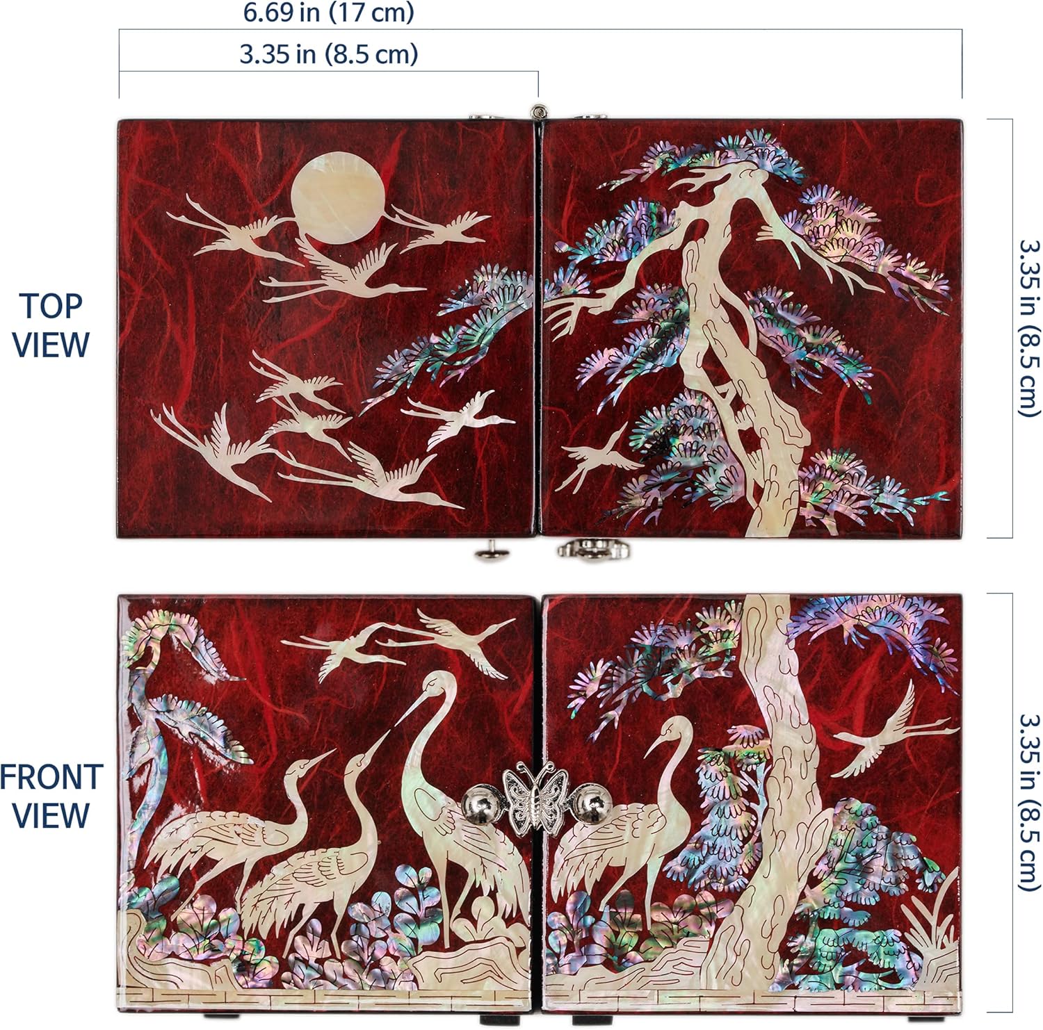 MADDesign Mother of Pearl Twin Cubes Lacquered Jewelry Box Crane Pine Tree Red - Image 4