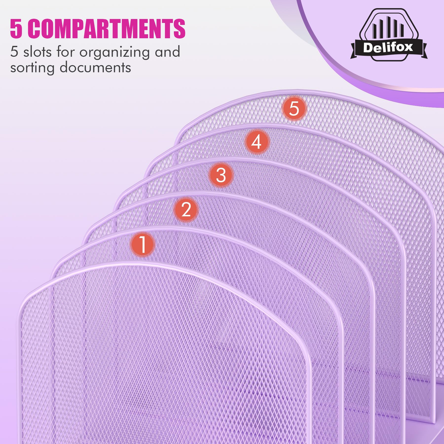 Delifox Organizer da scrivania inclinato, supporto verticale a 5 sezioni, in metallo, per ufficio, classe, organizzazione desktop (viola, 2 pezzi)