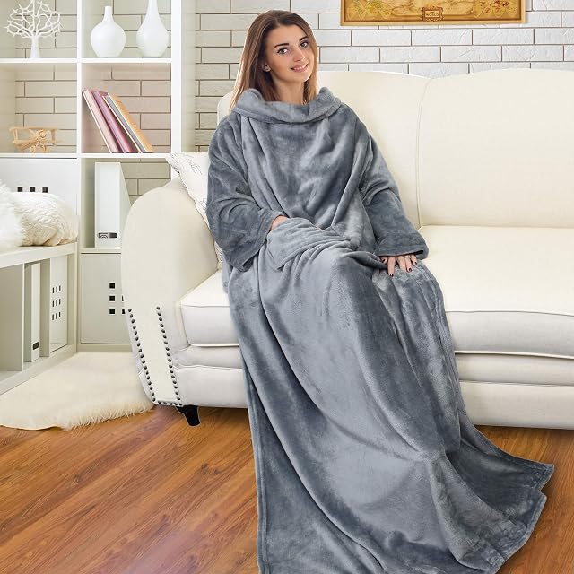 Catalonia Classy Wearable Snuggle Blanket with Sleeves and Pocket, Soft Cosy Fleece Slankets for Women Fluffy Plush Throws Winter TV Blanket for Sofa Couch 185 x 130 cm, Grey
