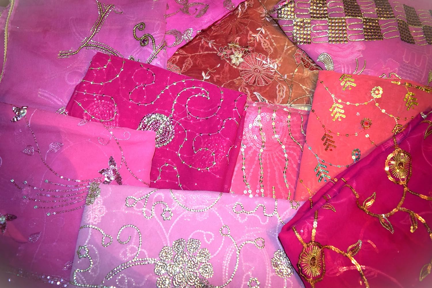 Pink Beaded Lot Vintage Sari Fabric, Remnants, Scrap Bundle, Precut Fabric, Multicolored Squares for Craft Patchwork (10 Quantity Size 18"X18")