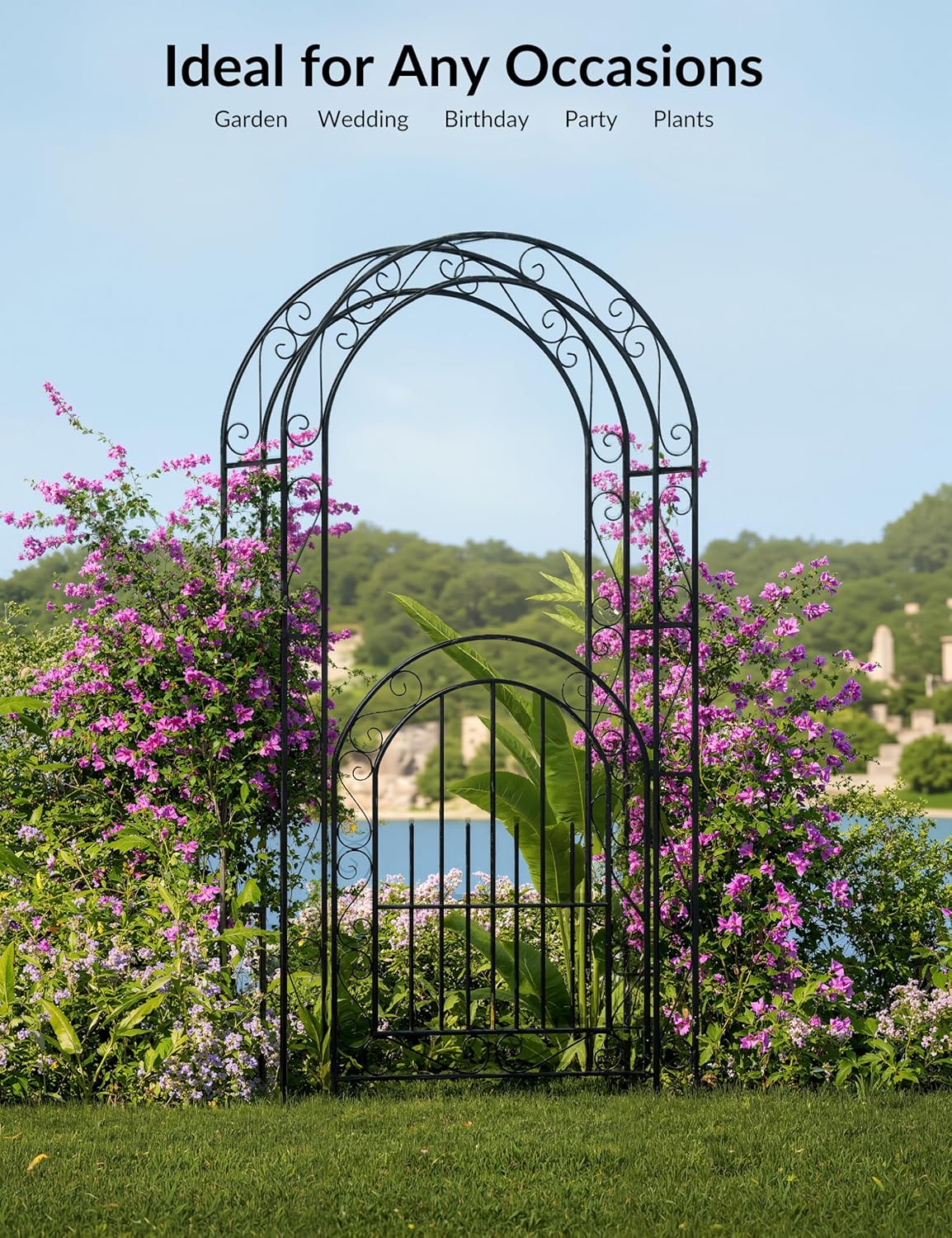 8FT Garden Arch with Gate, Heavy-Duty Metal Wedding Arbor Trellis for Climbing Roses, Vines & Flowers, Outdoor Decorative Archway for Patio, Yard & Landscape, Black