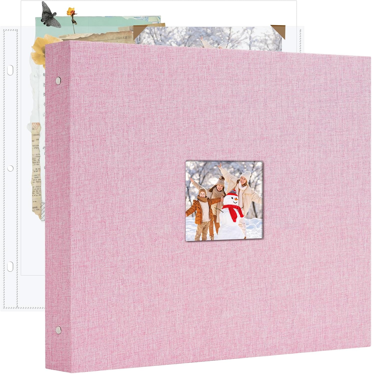 12x12 Inch Large 3 Ring DIY Scrapbook Photo Album, Linen Cover Scrapbook with 40 Sheets Plastic Sleeves 80 Pages Memory Book for Wedding Birthday Baby Family (Pink)