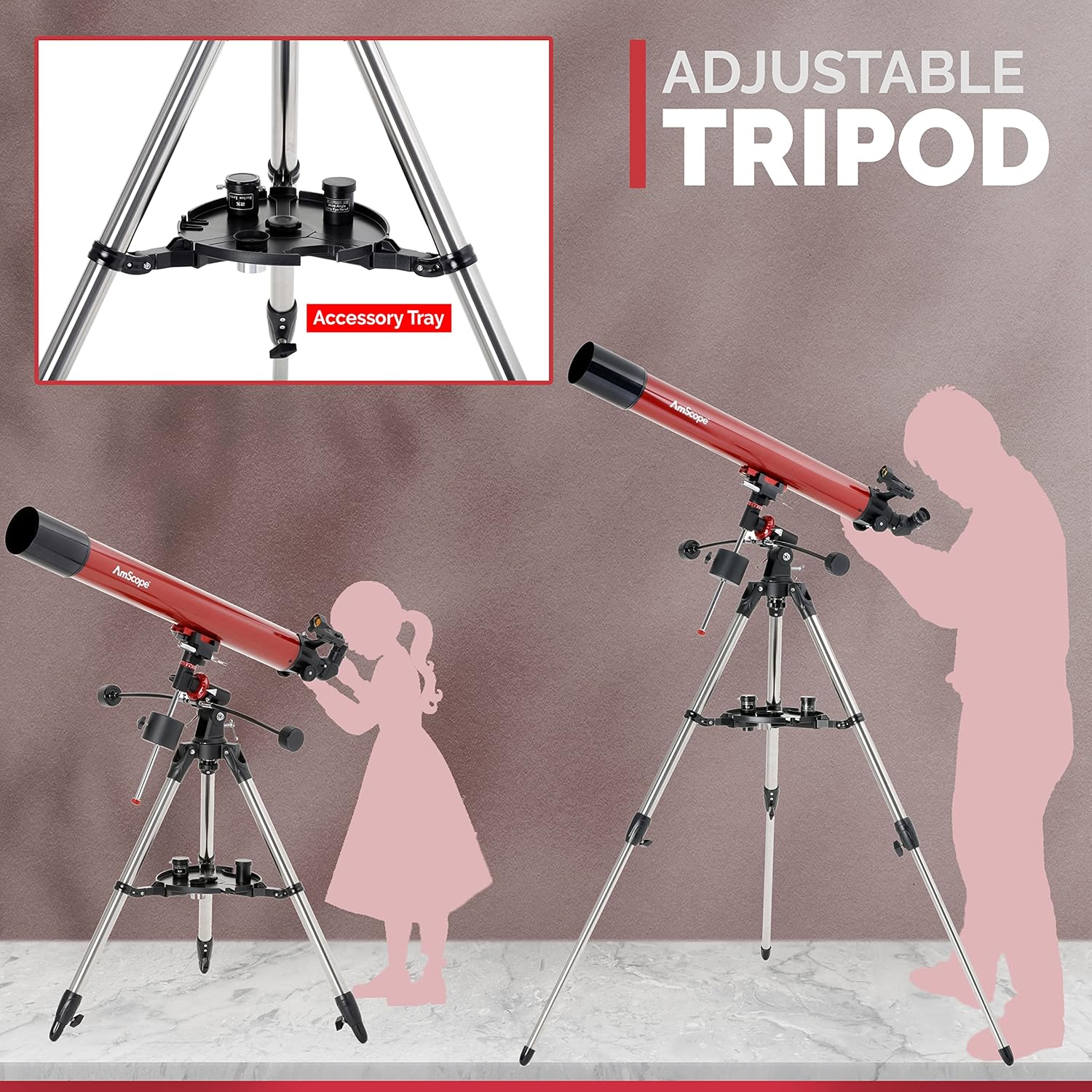 AmScope Refractor EQ Telescope with Equatorial Mount, 80mm Aperture, 900mm Focal Length, Stainless Steel Tripod and Red Dot Finder
