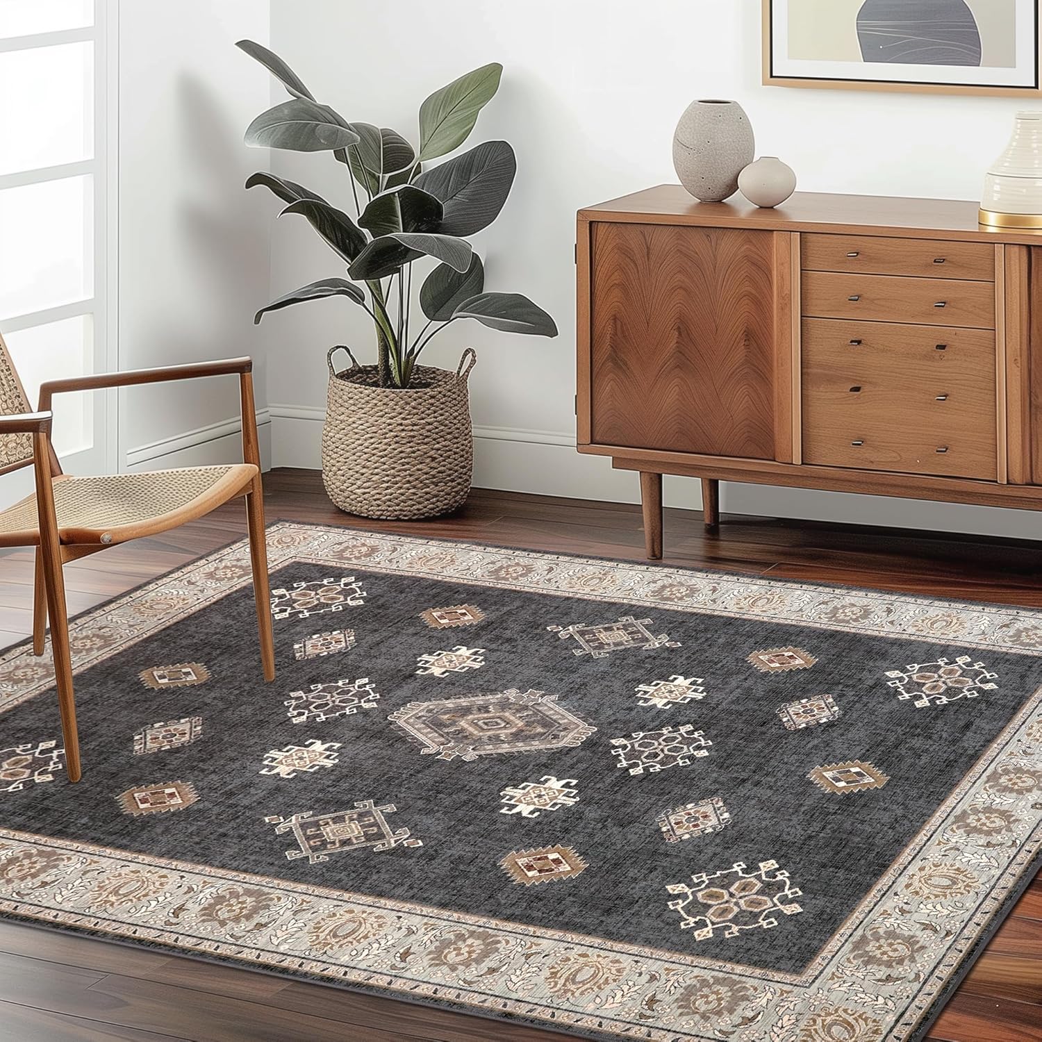 ILANGO Washable Area Rugs 5x7 for Living Room Vintage Area Rugs Non Slip Boho Dining Room Rugs for Under Table Ultra-Thin Low-plie Floor Carpet for Bedroom Farmhouse(Charcoal Gray) Charcoal Gray 5'x7'