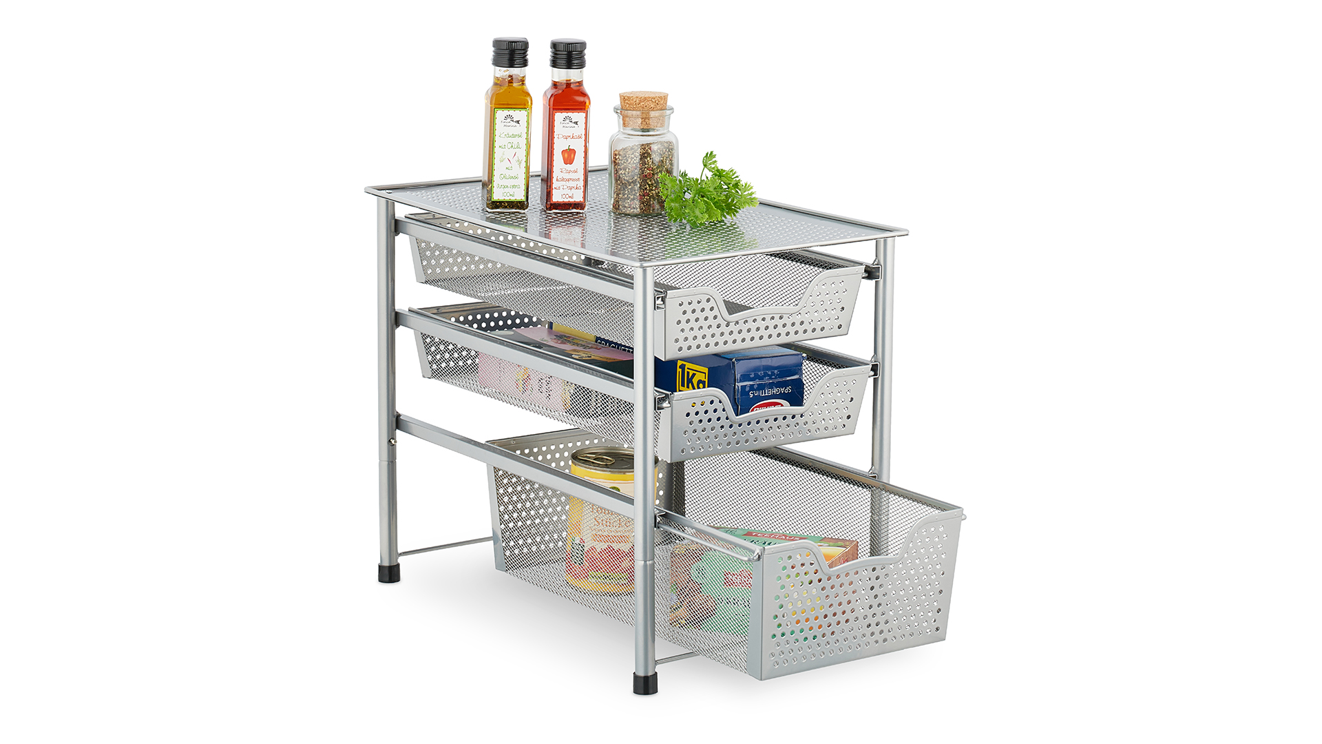 Relaxdays keuken organizer, stapelbare kast-organizer, 3 schuifmanden, metaal, badkamer, HxBxD 35 x 28 x 42,5 cm, zilver