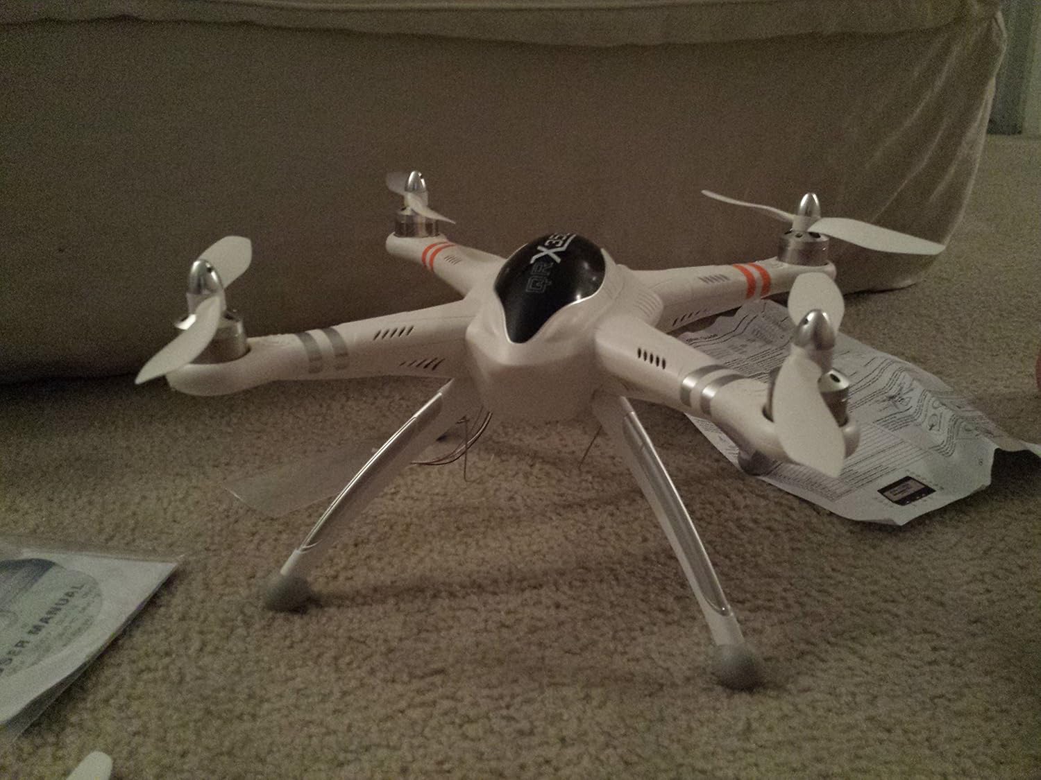 Walkera QR X350 Quadcopter with propellers and landing gear installed, ready for flight.