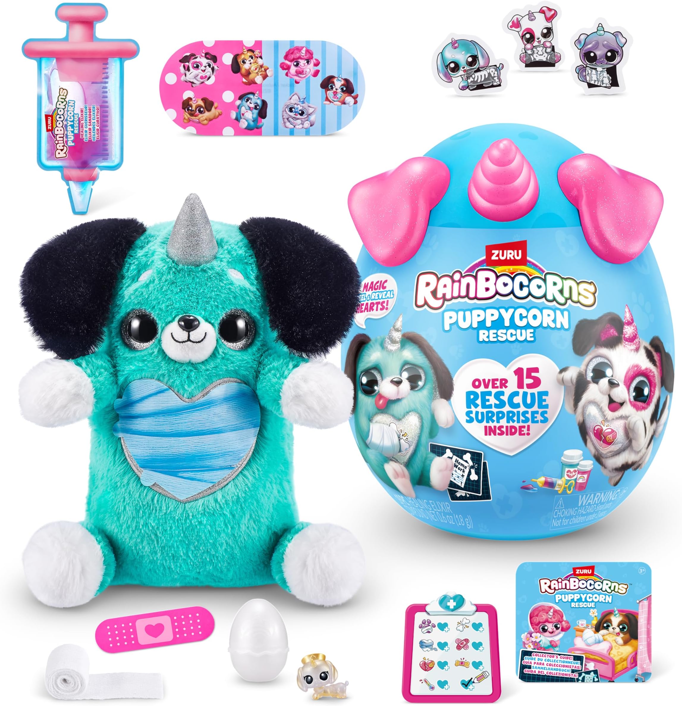 Rainbocorns Puppycorn Rescue (Sausage) by ZURU, Collectible Plush, Stuffed Animal Toys, Surprise Egg, Stickers, Syringe Slime, Ages 3+ for Girls, Children