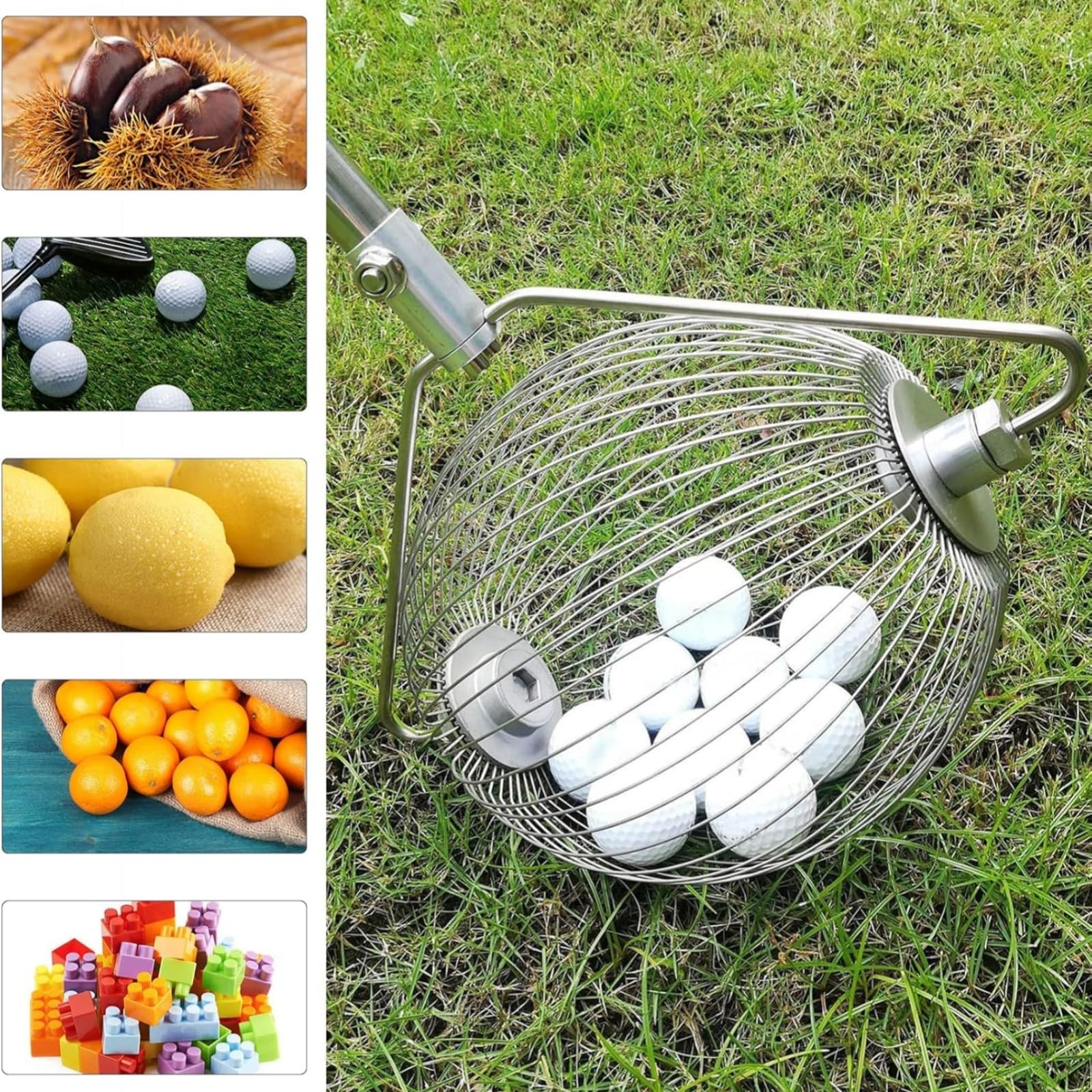 Raccoglitore per frutta in acciaio inox, 145 cm, con manico telescopico, ideale anche come pinza per palline da golf, palline da tennis