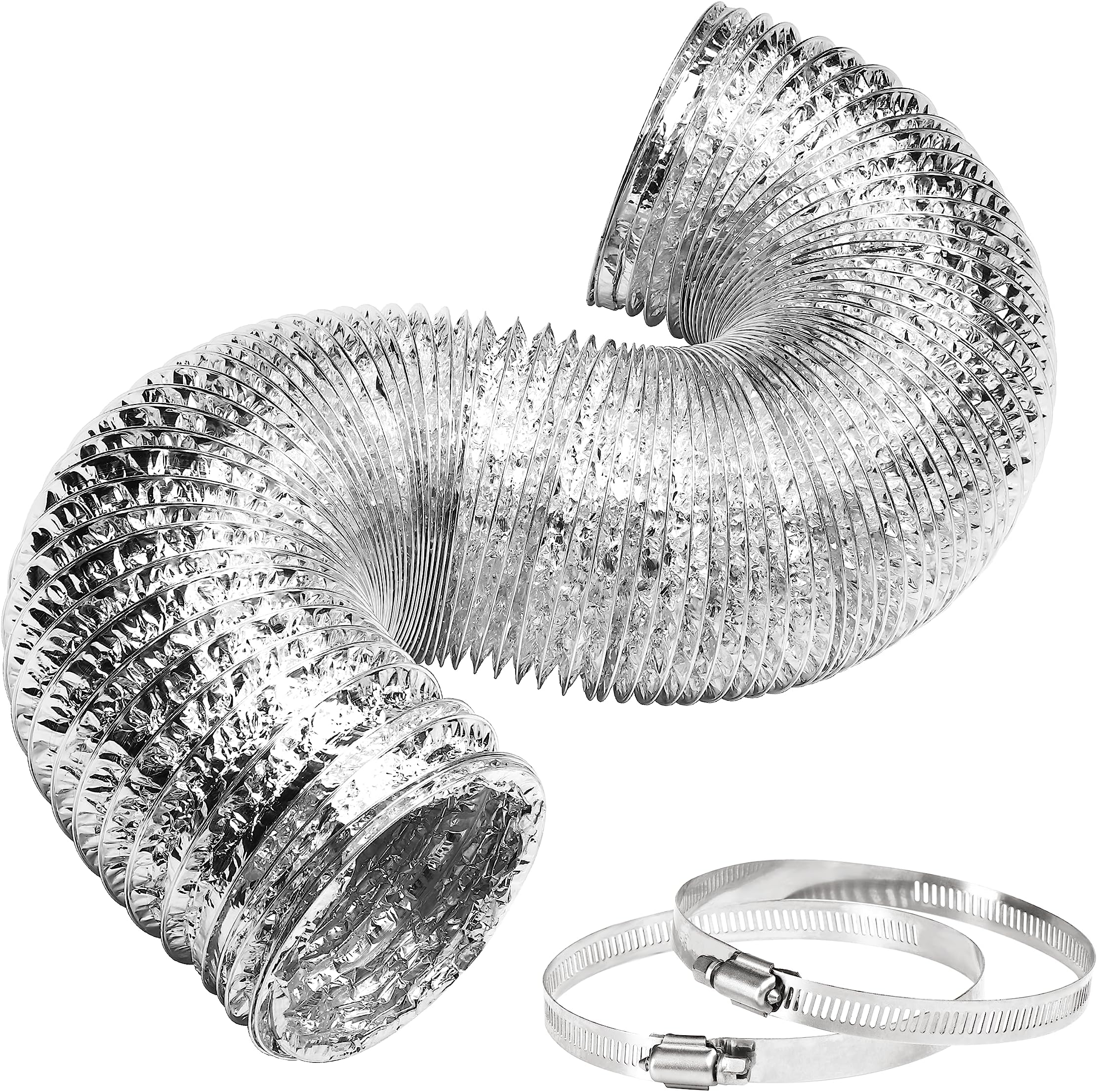 iPower GLDUCT4X8C 4 inch 8 feet Non-Insulated Flex Air Aluminum Foil Ducting Dryer Vent Hose for HVAC Ventilation with 2 Clamps, 4'' X 8', Silver