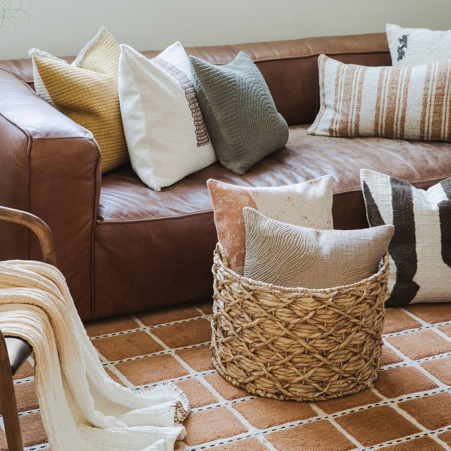Forest Path Pillow, Check Embroidered Neutral Tones Decorative Throw Pillow with Insert, Handwoven Cotton, Luxury Accent Pillow for Sofa Couch or Bedroom